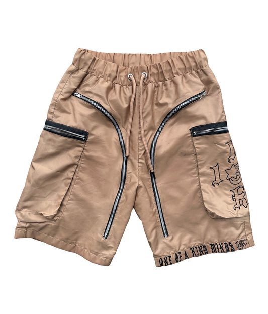 “1OK” Nylon Zipper Shorts (Tan/Black)