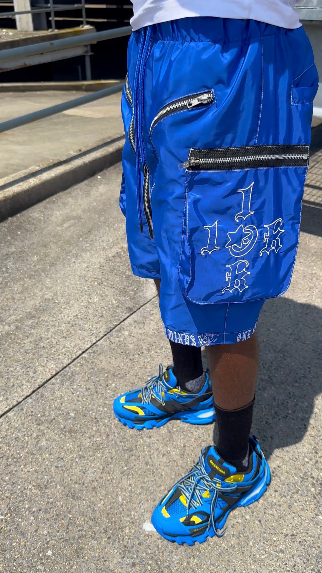 “1OK” Nylon Zipper Shorts (Blue/White)