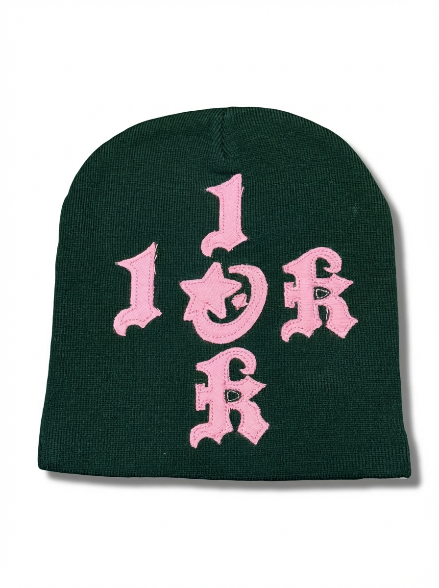 "1OK" Distressed Beanie (Forest Green/Pink)