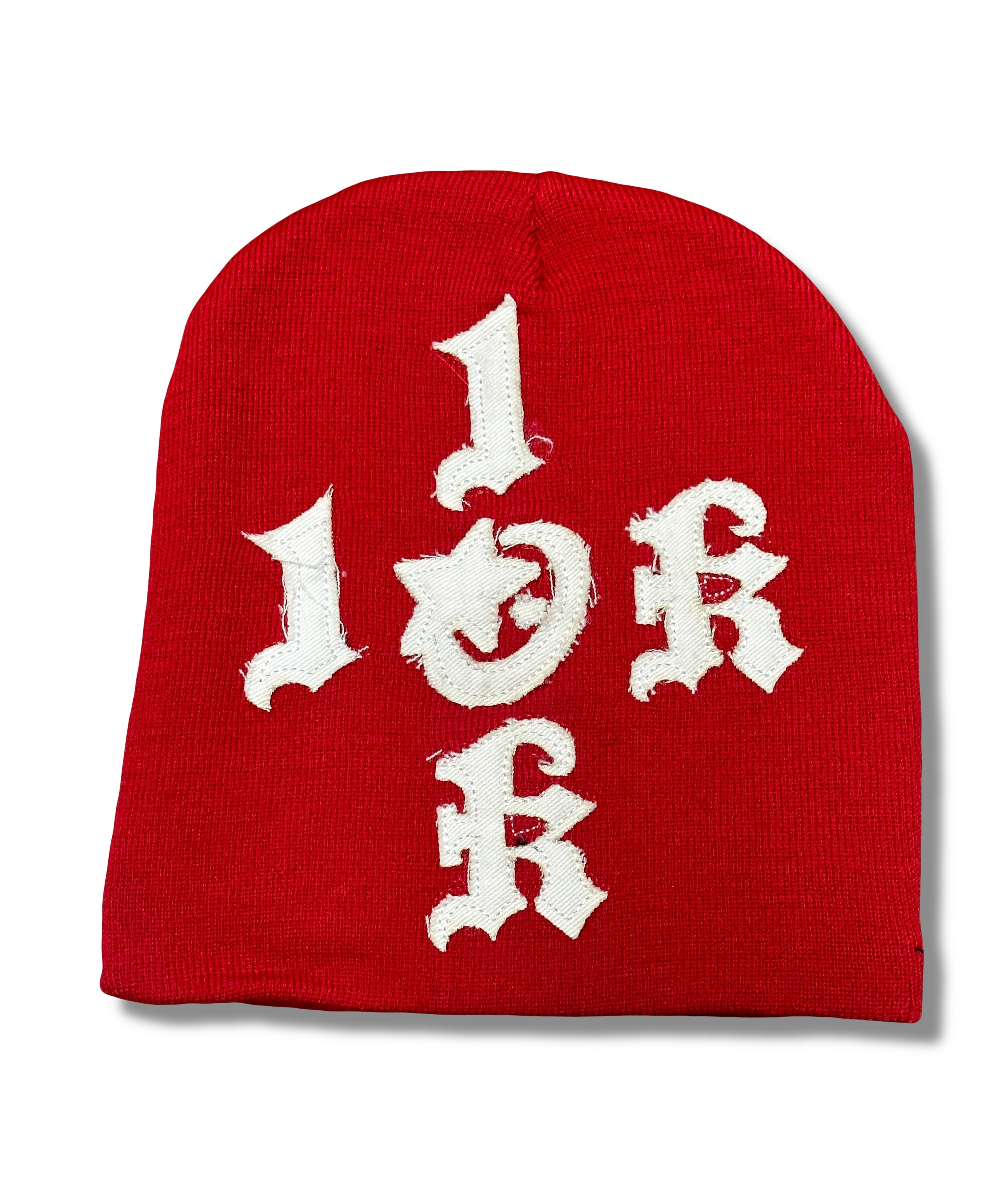 "1OK" Distressed Beanie (Red/White)