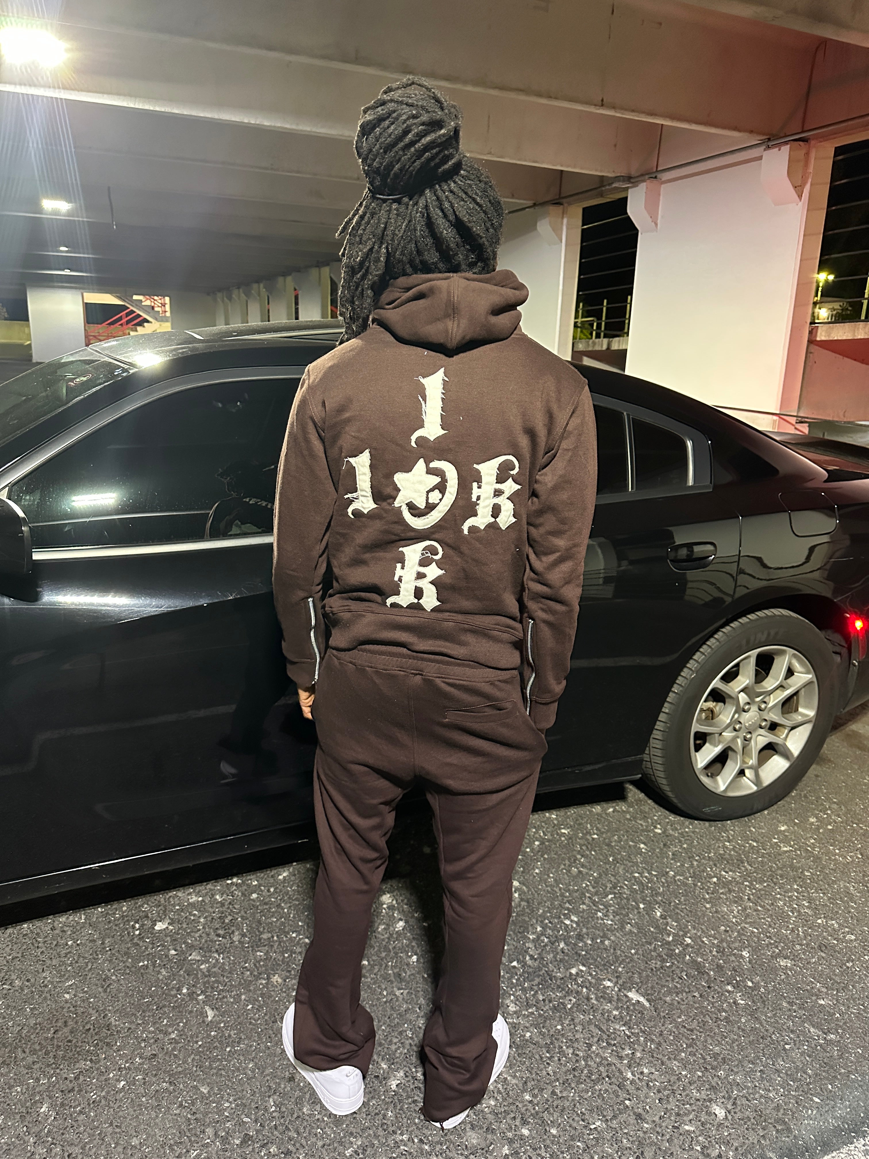 “1OK” Distressed Hoodie (Brown/White)