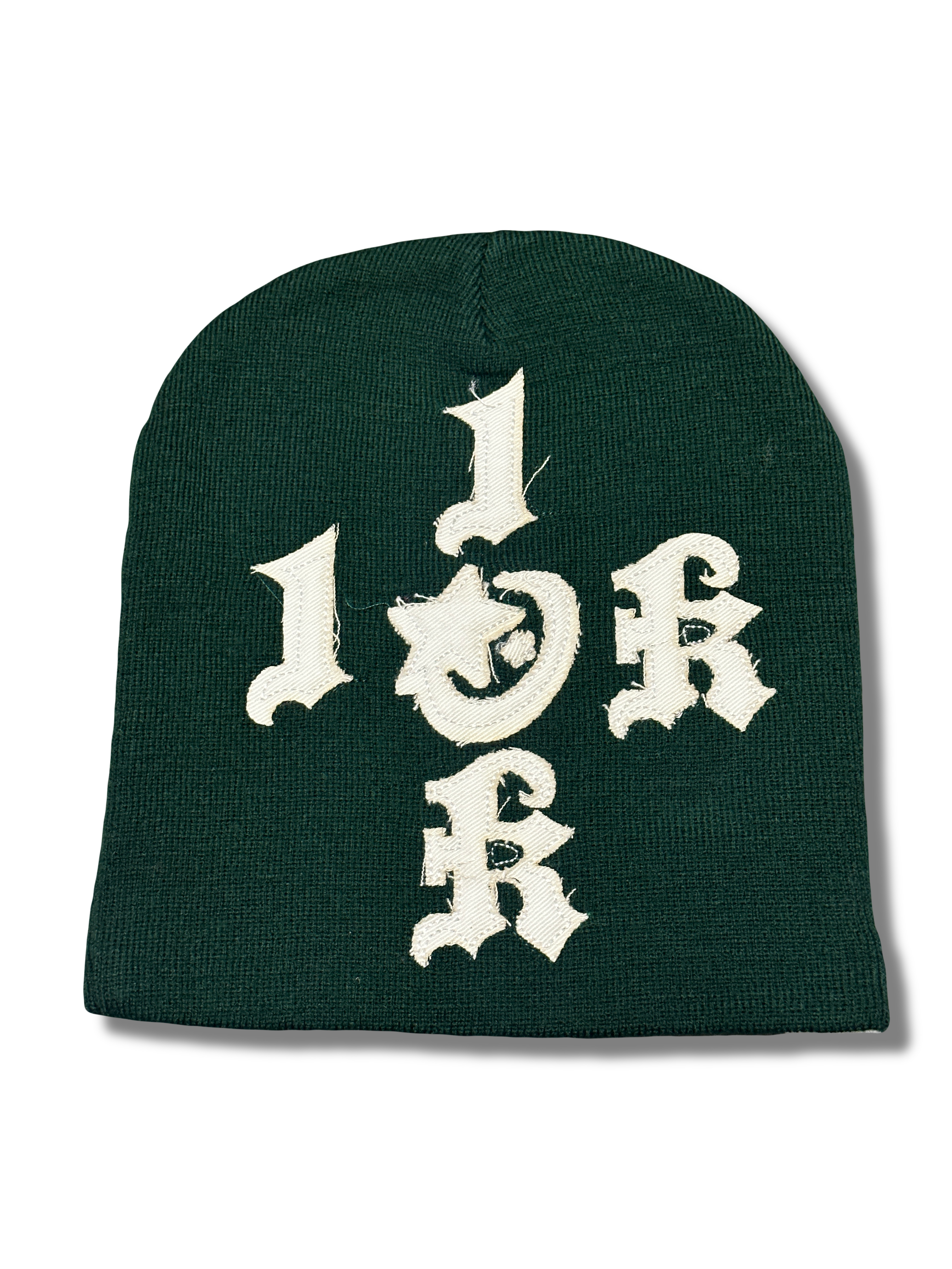 "1OK" Distressed Beanie (Green/White)