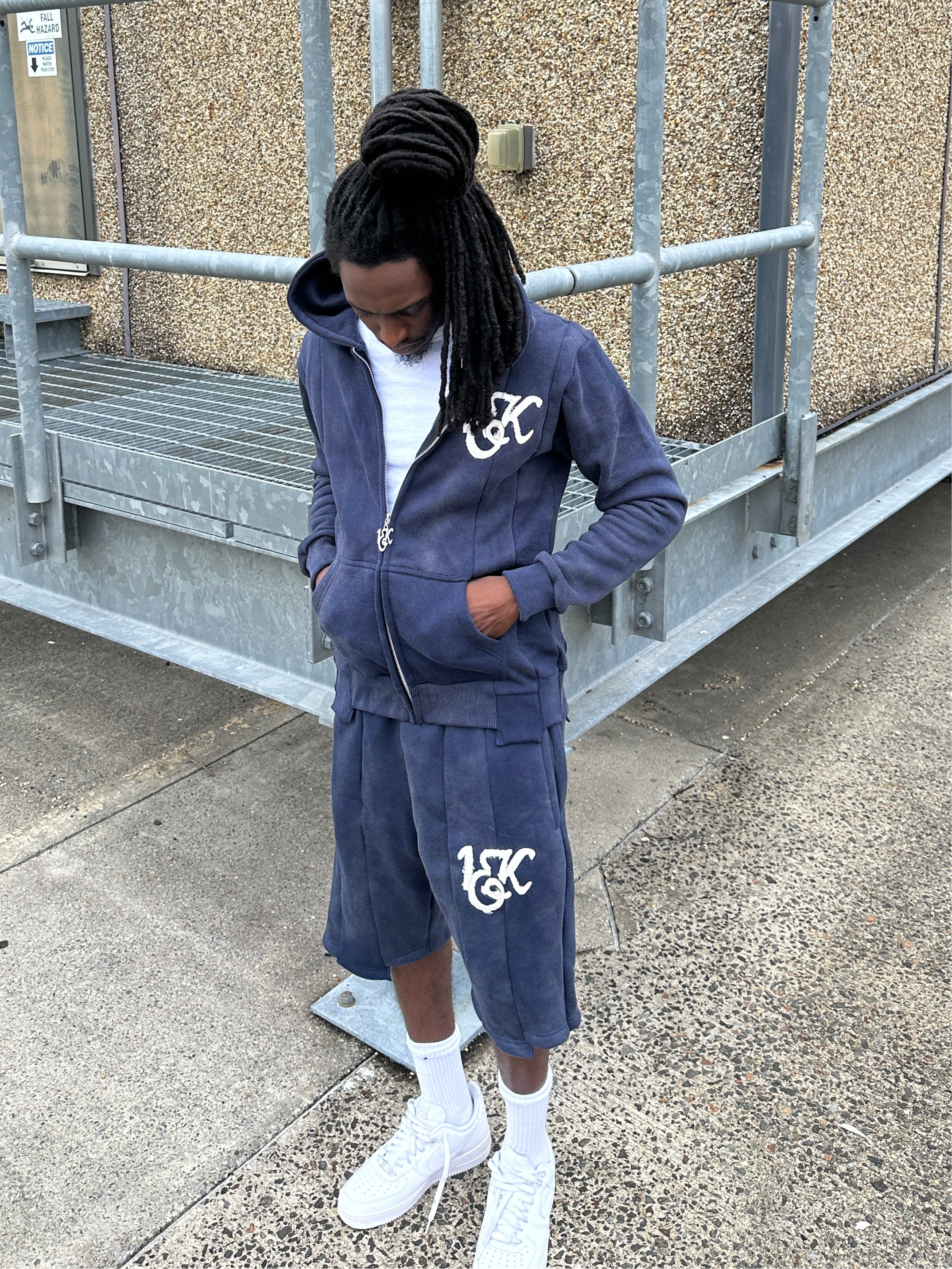 “1OK” Acid Wash Navy Blue Uniform Panel Hoodie