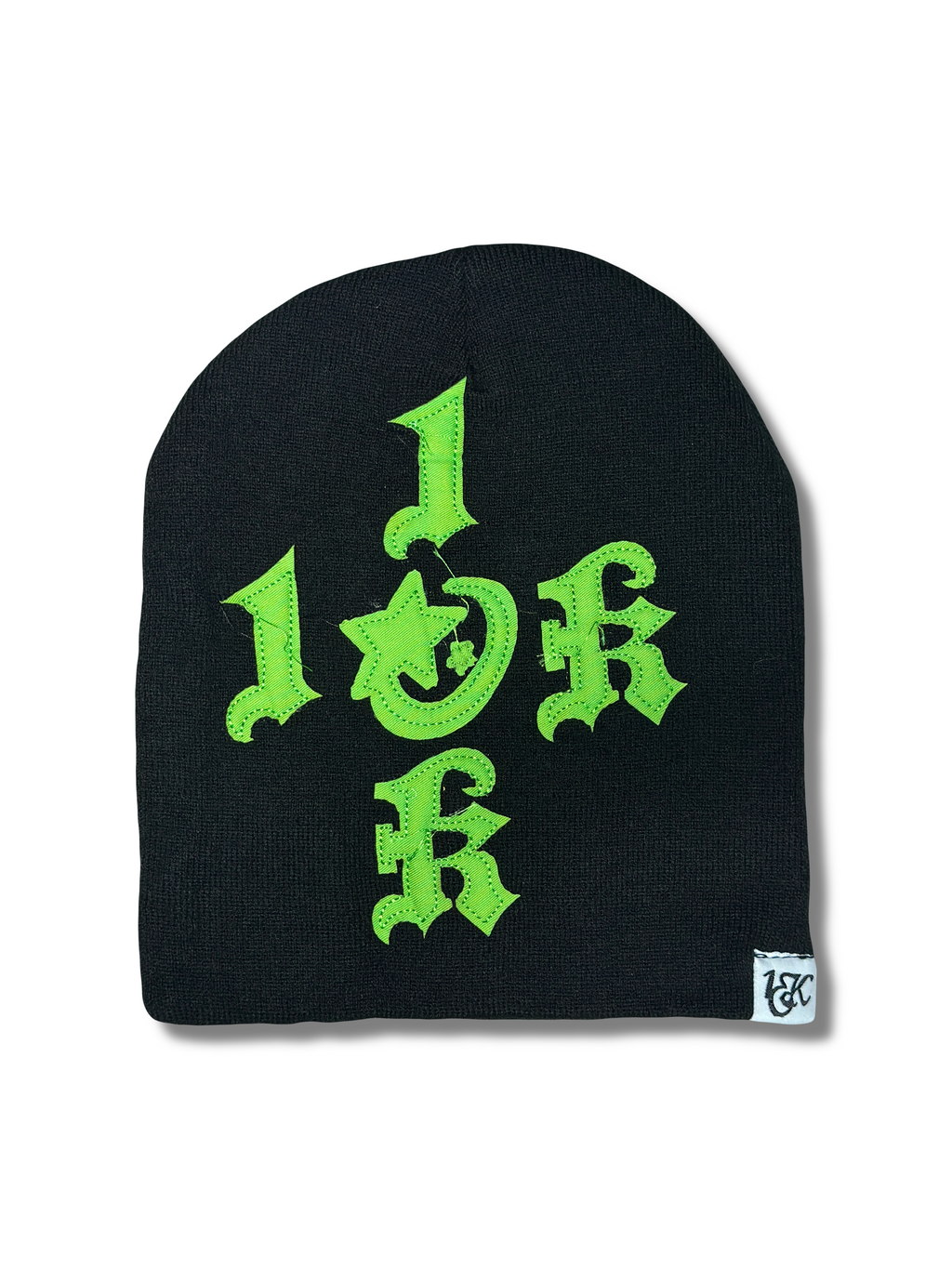 "1OK" Distressed Beanie (Black/Green)