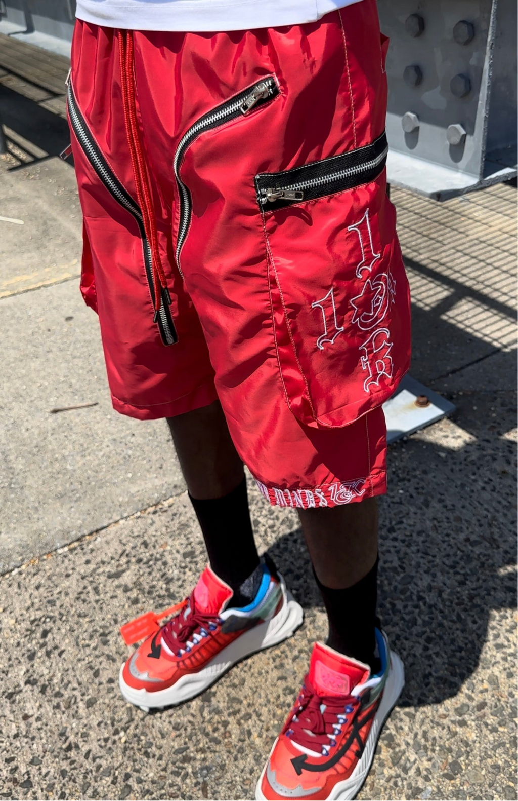 “1OK” Nylon Zipper Shorts (Red/White)