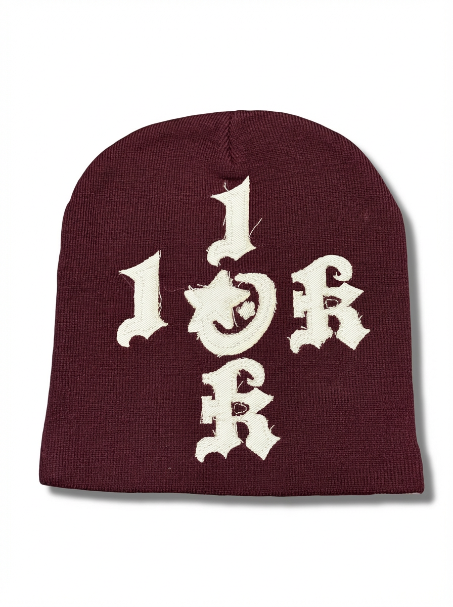 "1OK" Distressed Beanie (Burgundy /White)