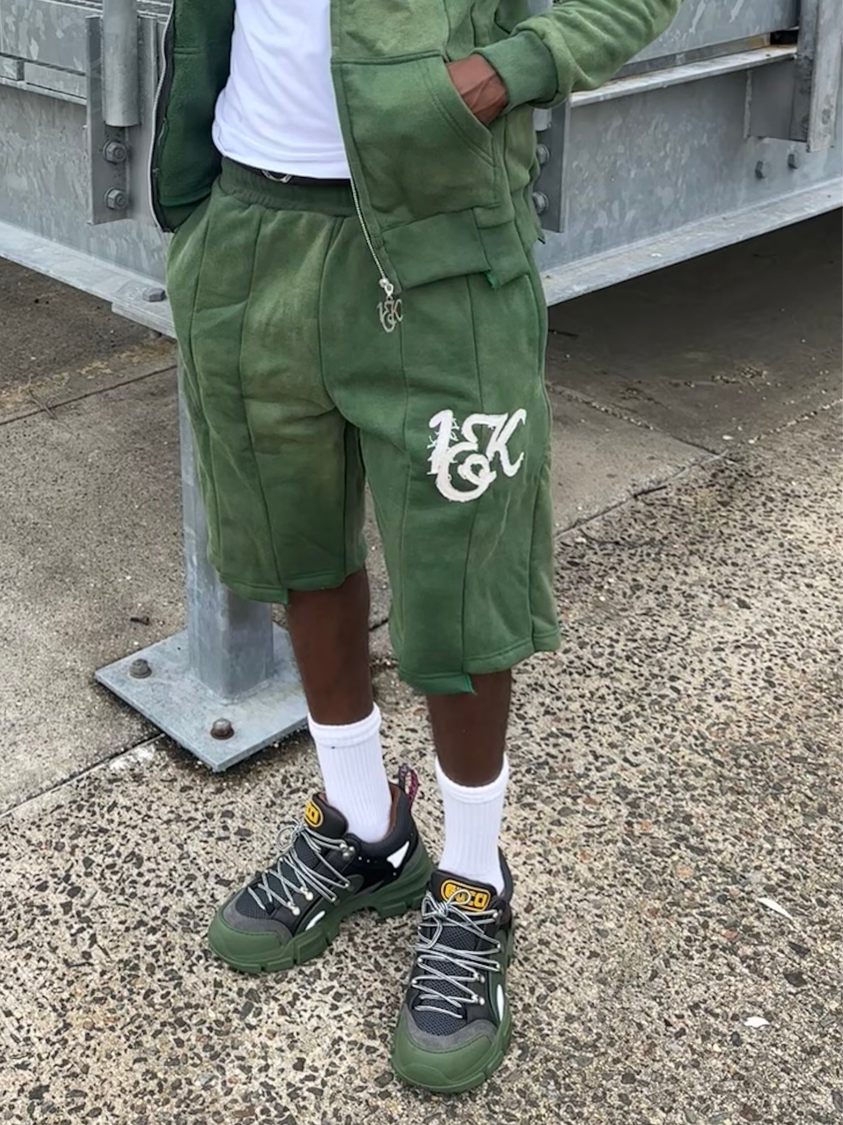 “1OK” Acid Wash Green Uniform Panel Shorts