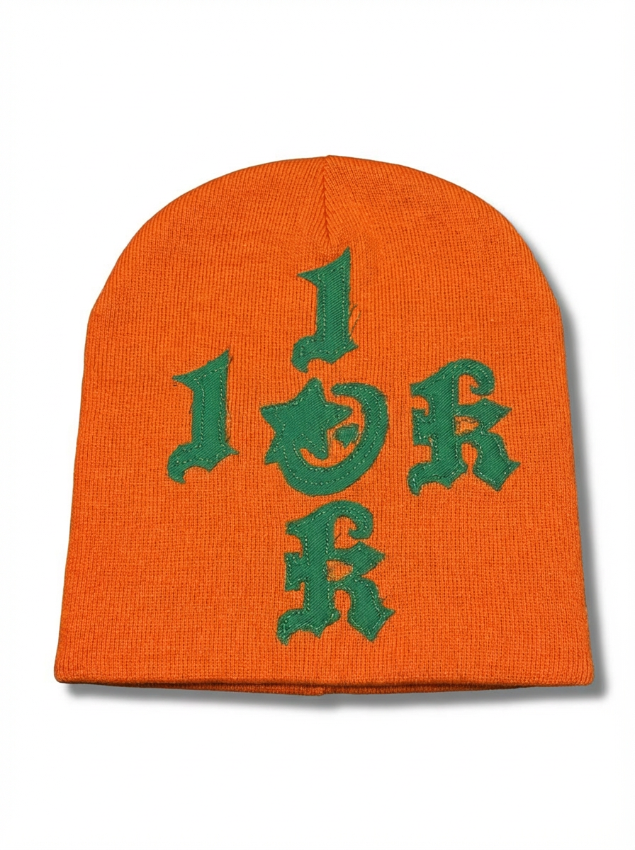 "1OK" Distressed Beanie (Orange/Green)