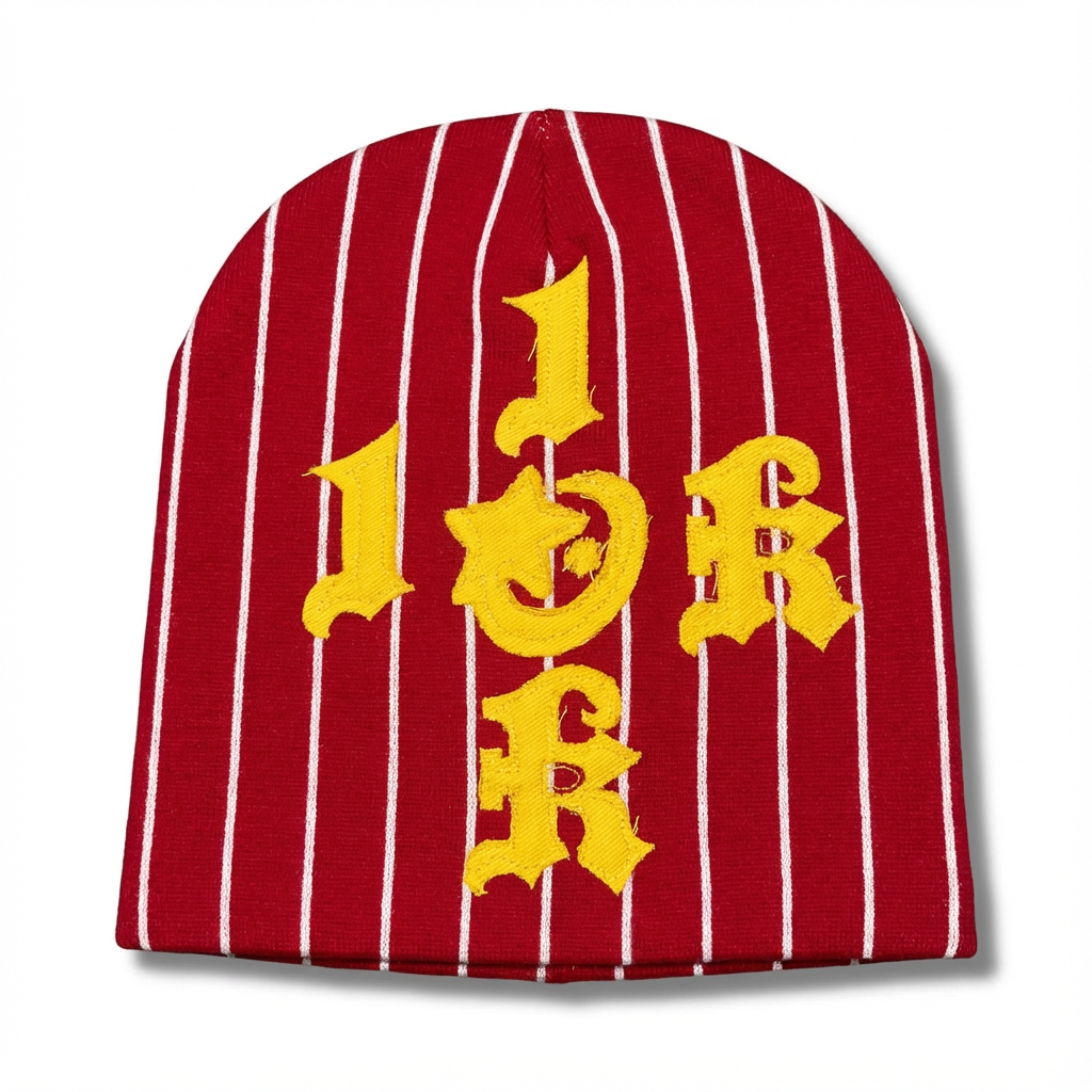 "1OK" Distressed Pinstripes Beanie (Red/White)