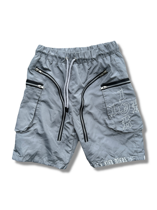 “1OK” Nylon Zipper Shorts (Silver/White)