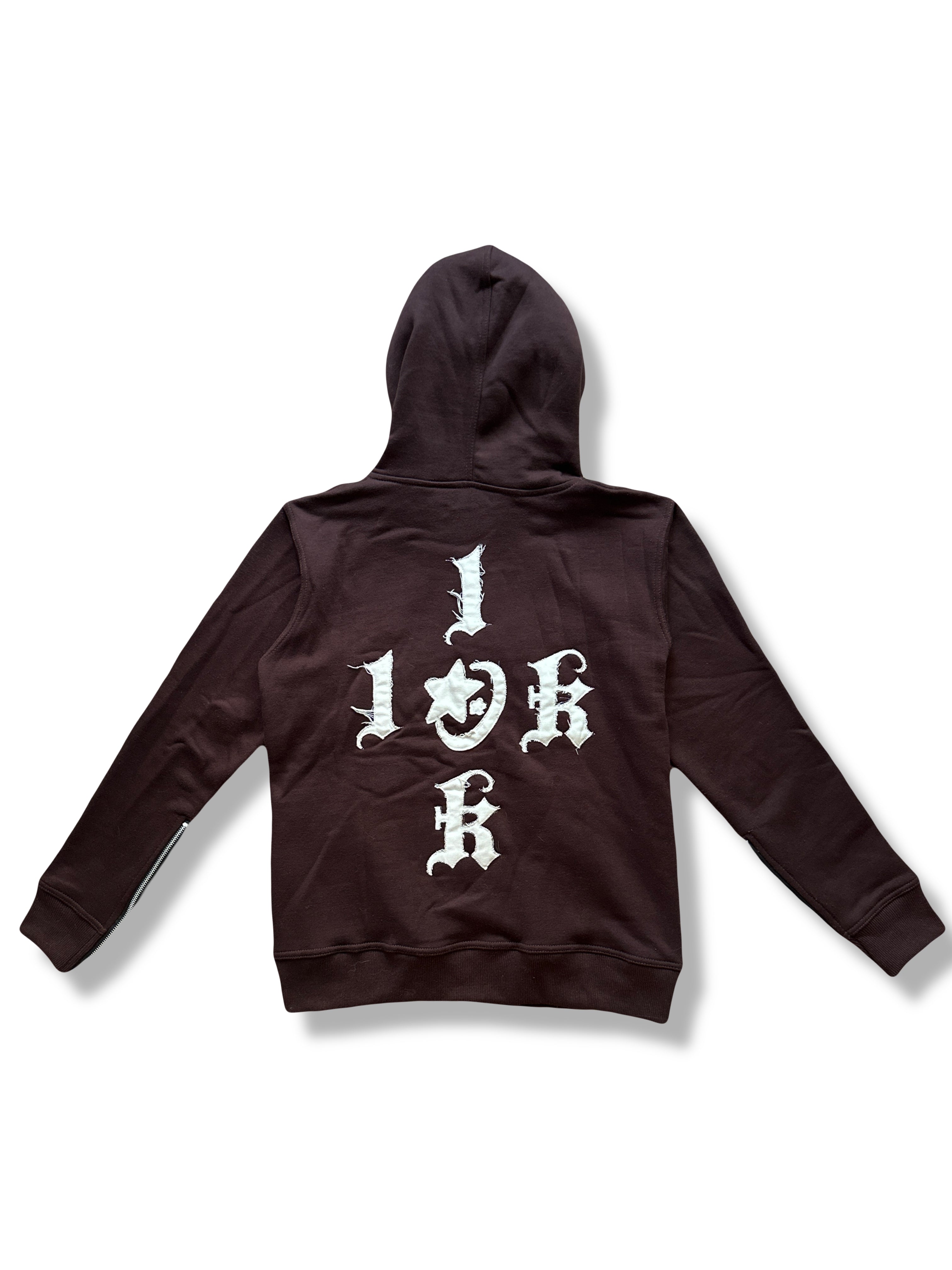 “1OK” Distressed Hoodie (Brown/White)
