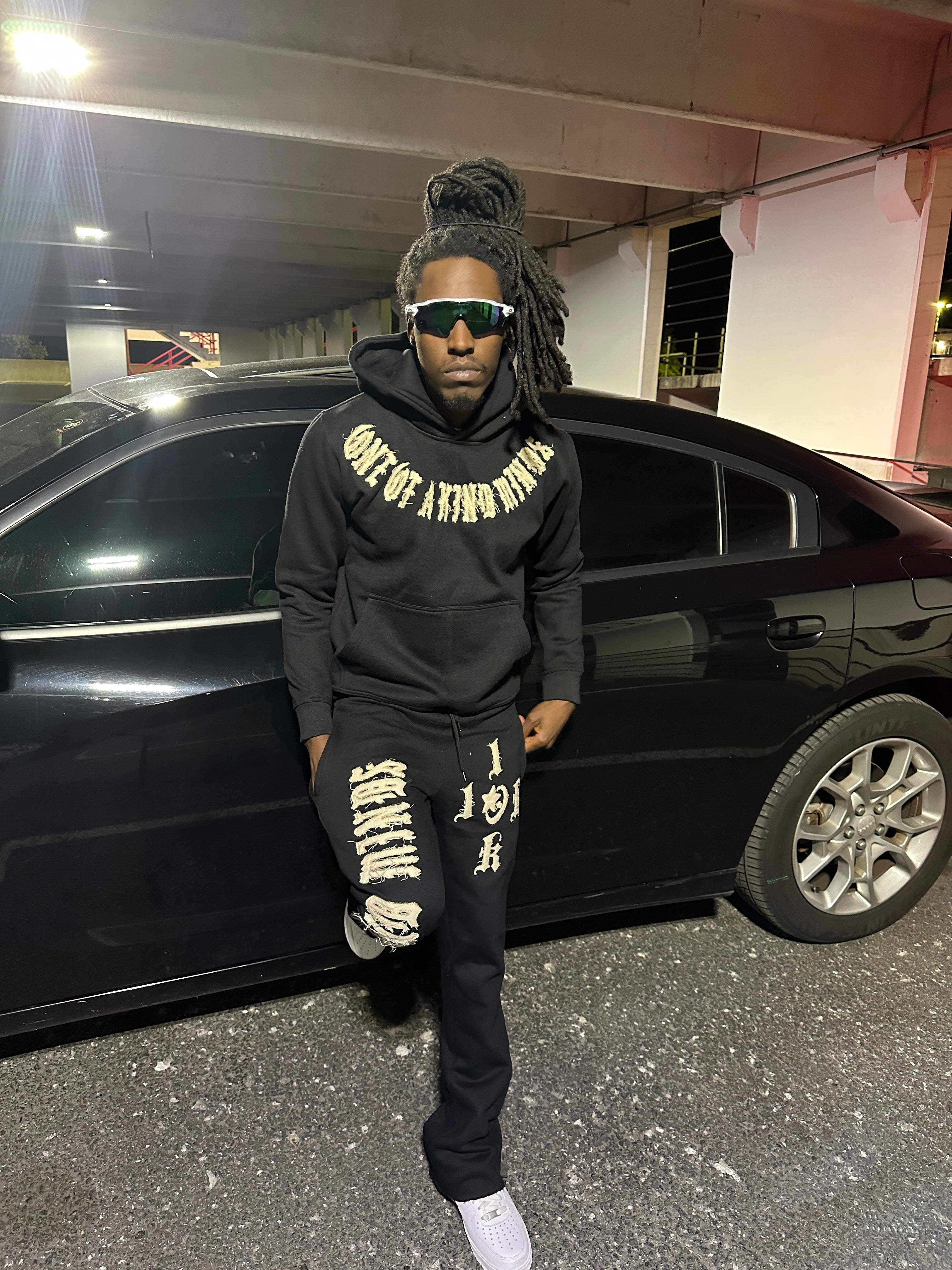 “1OK” Distressed Hoodie (Black/Cream)