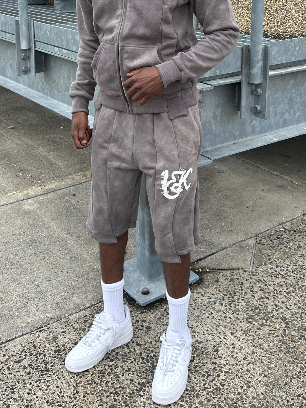 “1OK” Acid Wash Grey Uniform Panel Shorts