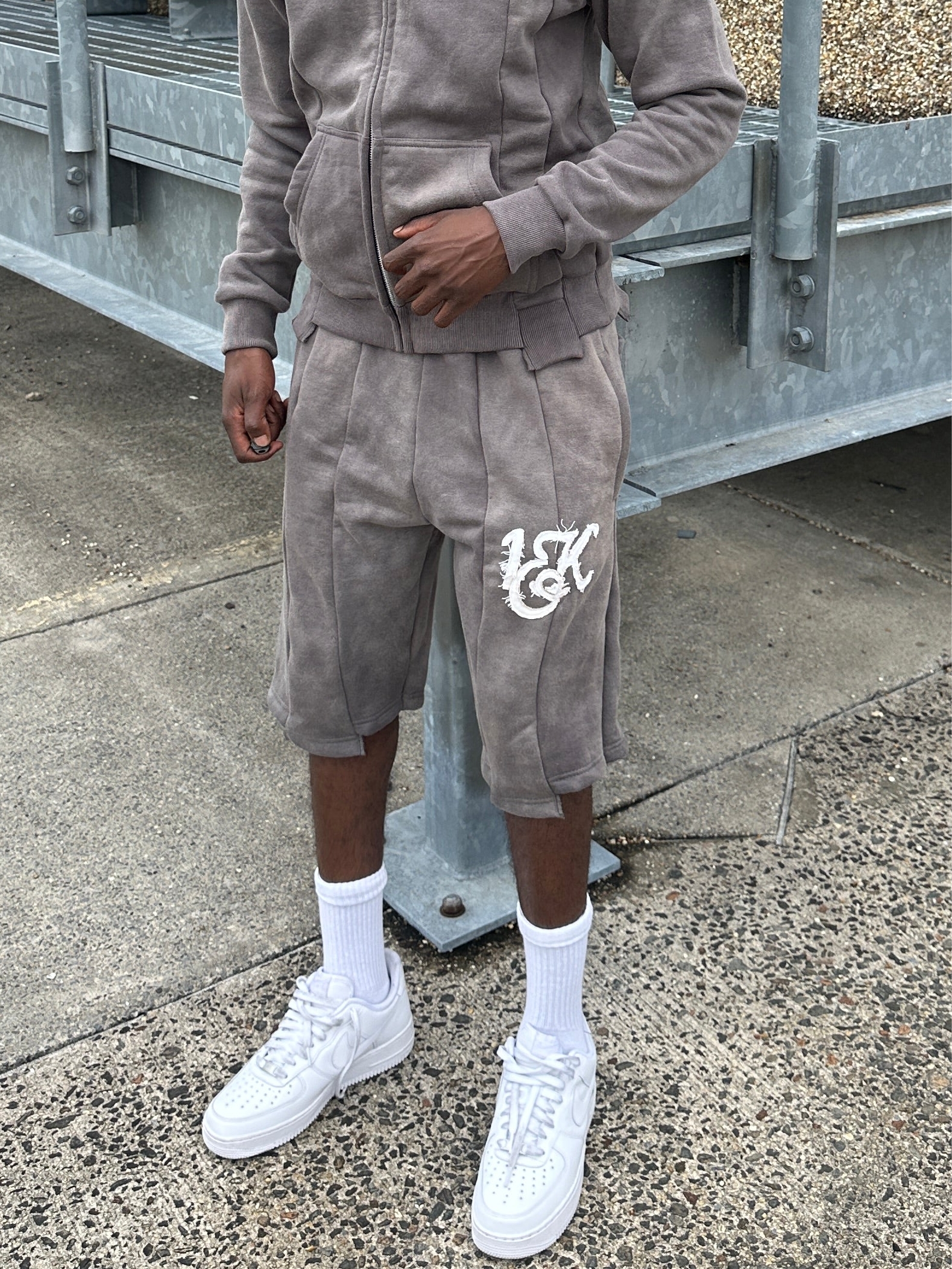 “1OK” Acid Wash Grey Uniform Panel Shorts