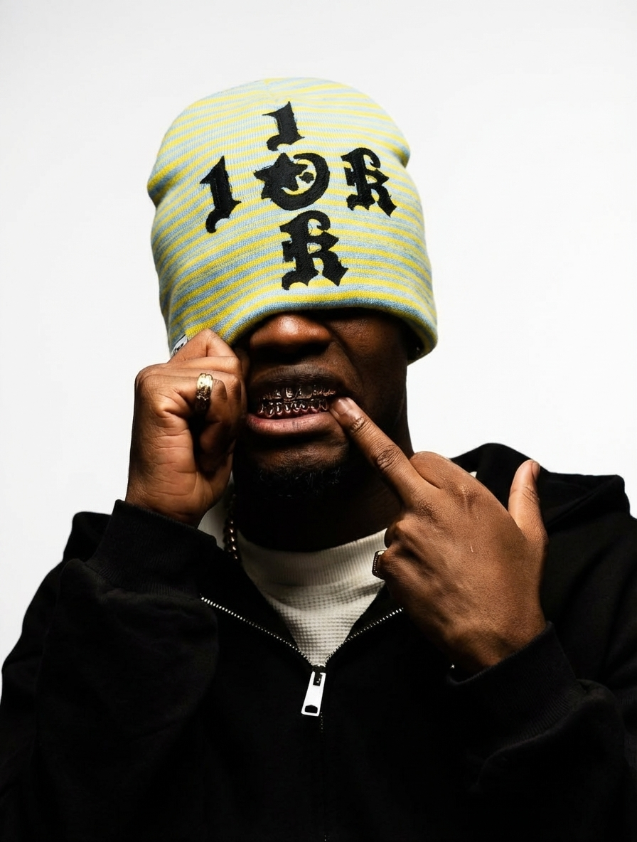 "1OK" Distressed Pinstripes Beanie (Teal/Yellow)