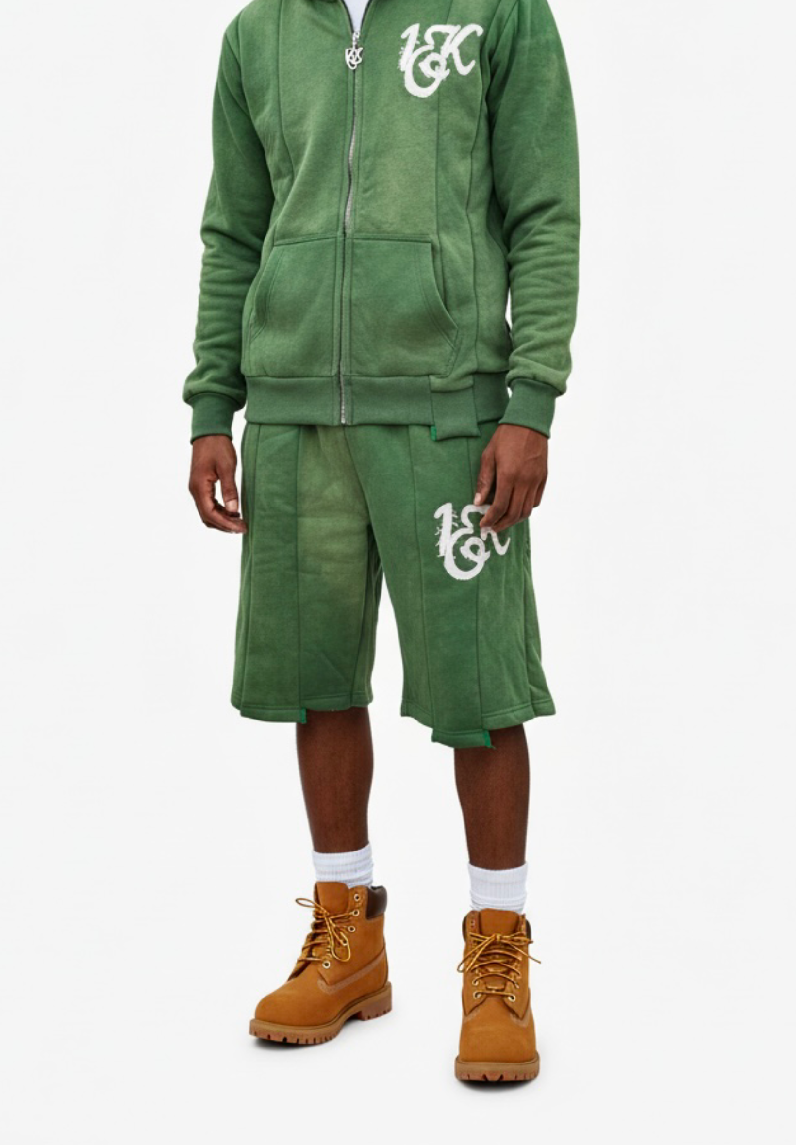 “1OK” Acid Wash Green Uniform Panel Shorts