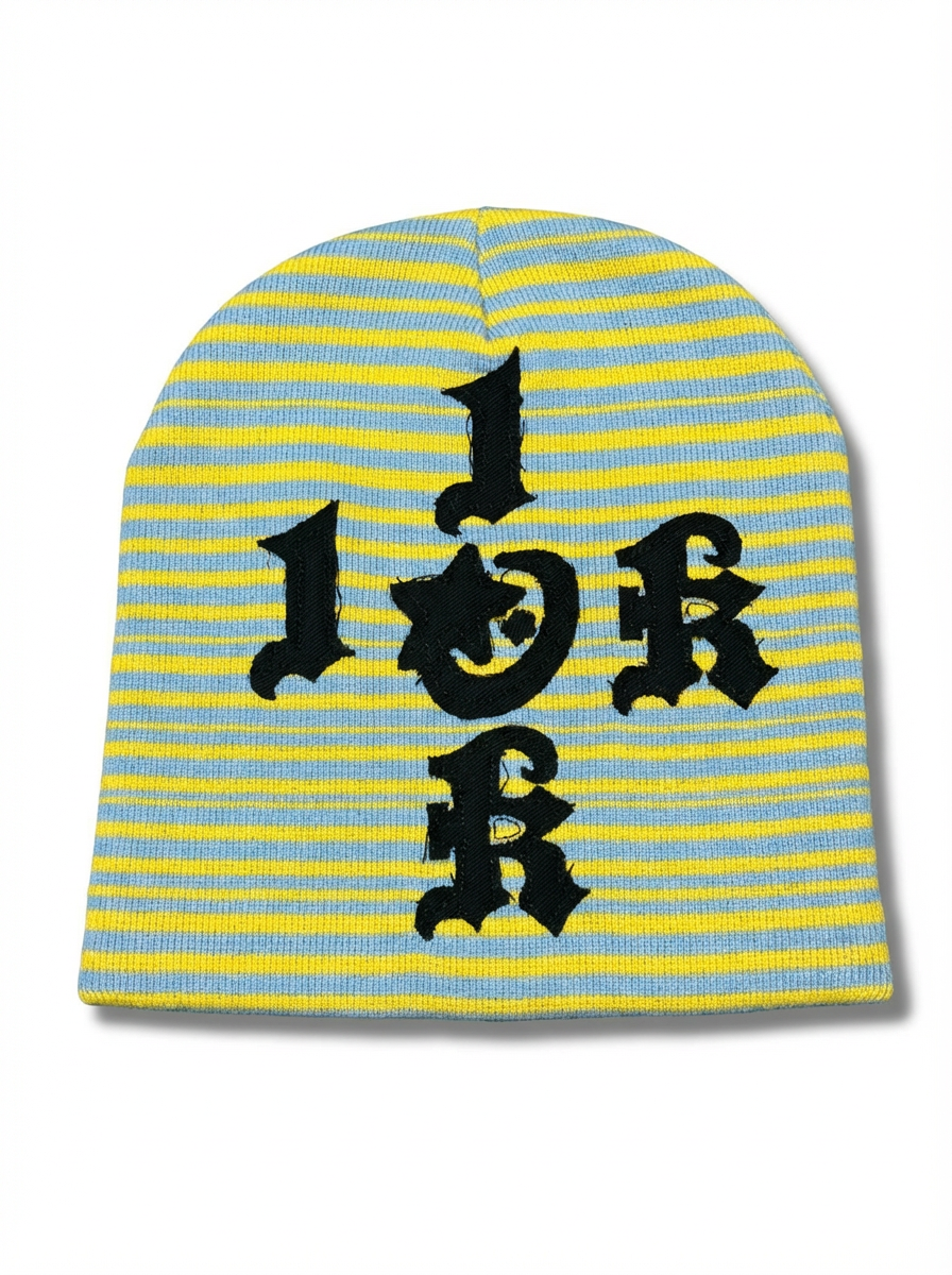 "1OK" Distressed Pinstripes Beanie (Teal/Yellow)