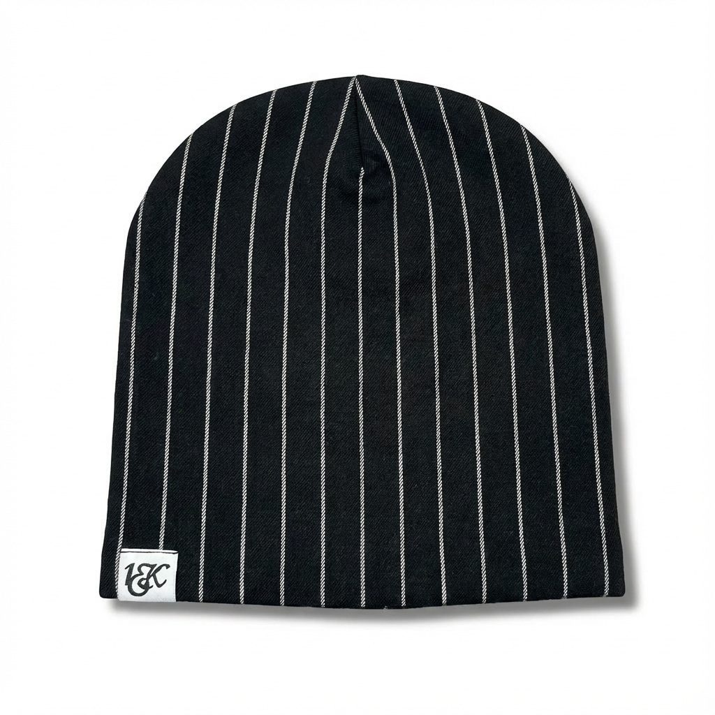 "1OK" Distressed Pinstripes Beanie (Black/White)