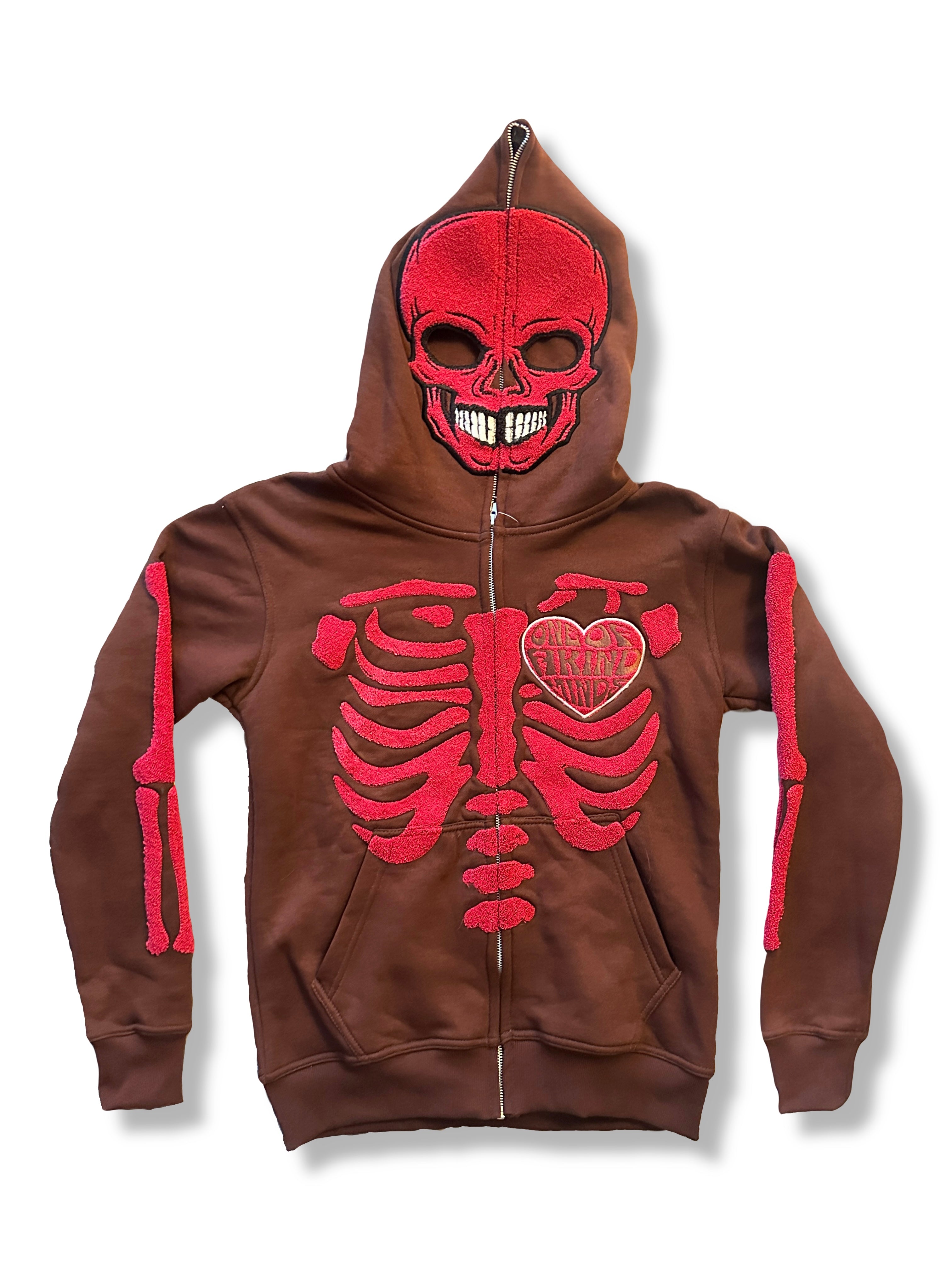 “1OK” Skeleton Full-Zip Hoodie (Brown/Pink)