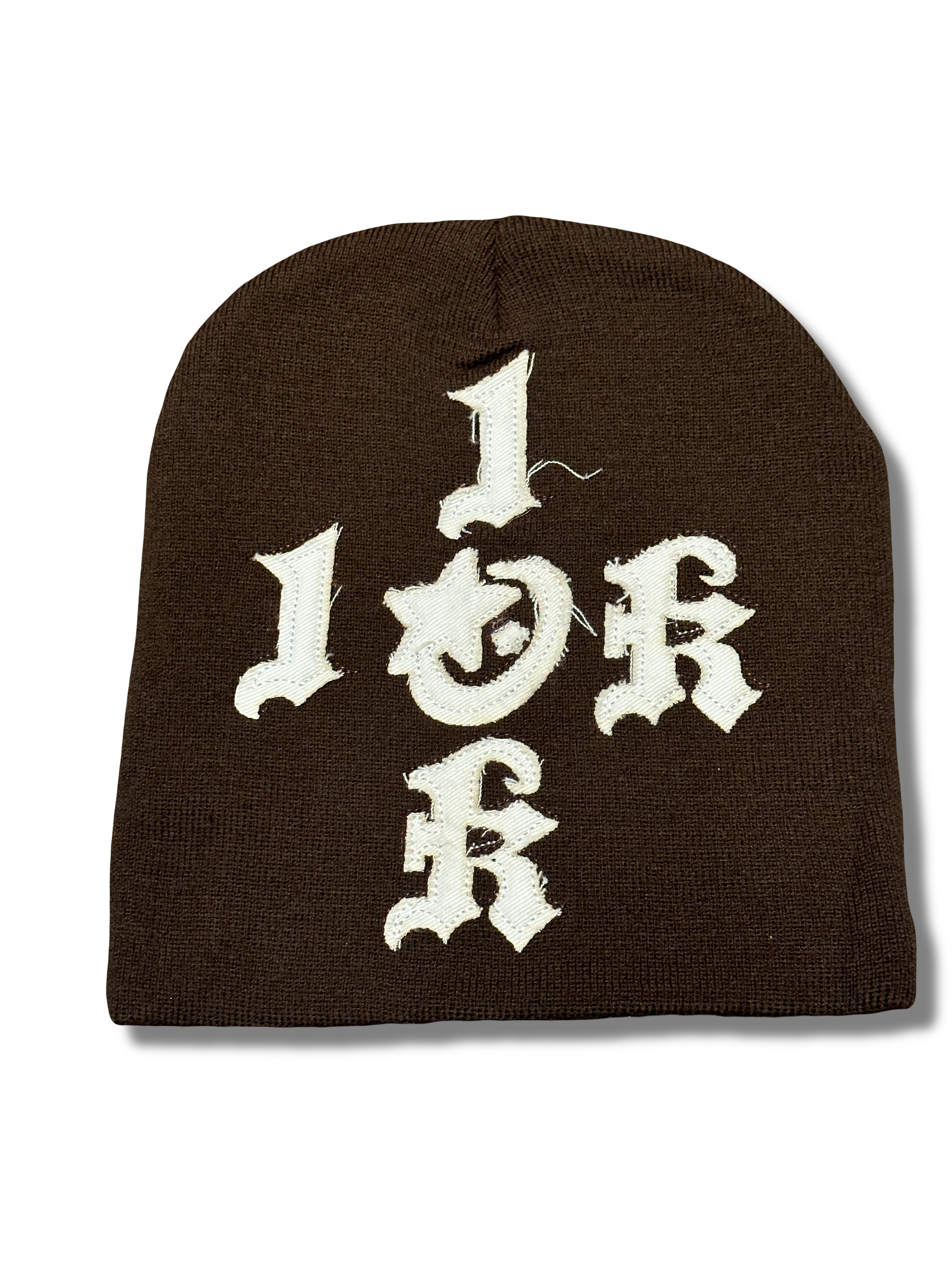 "1OK" Distressed Beanie (Brown/White)