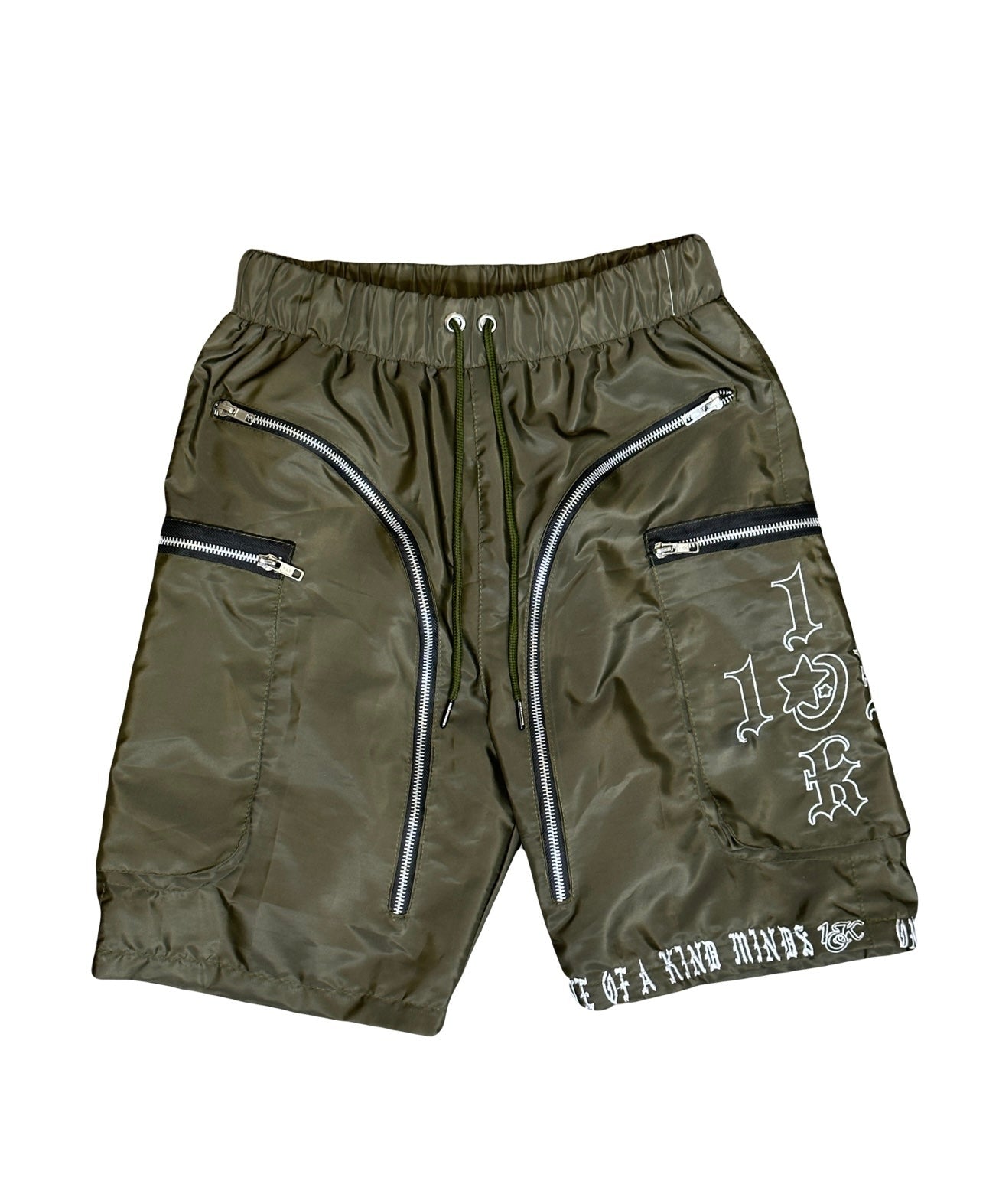 “1OK” Nylon Zipper Shorts (Olive Green/White)