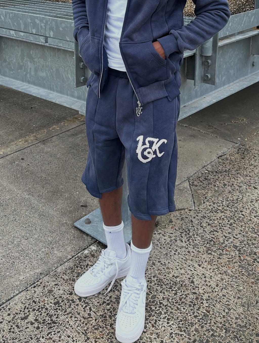“1OK” Acid Wash Navy Blue Uniform Panel Shorts