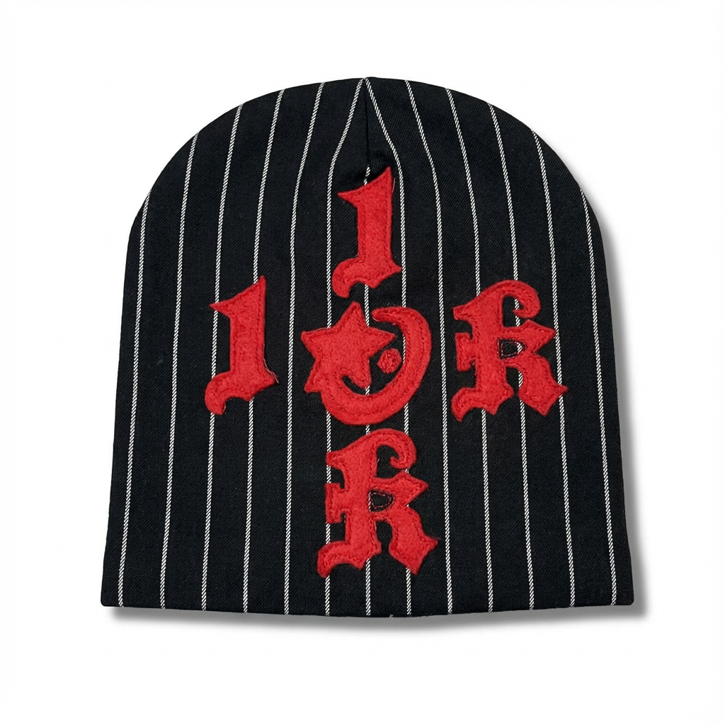 "1OK" Distressed Pinstripes Beanie (Black/White)