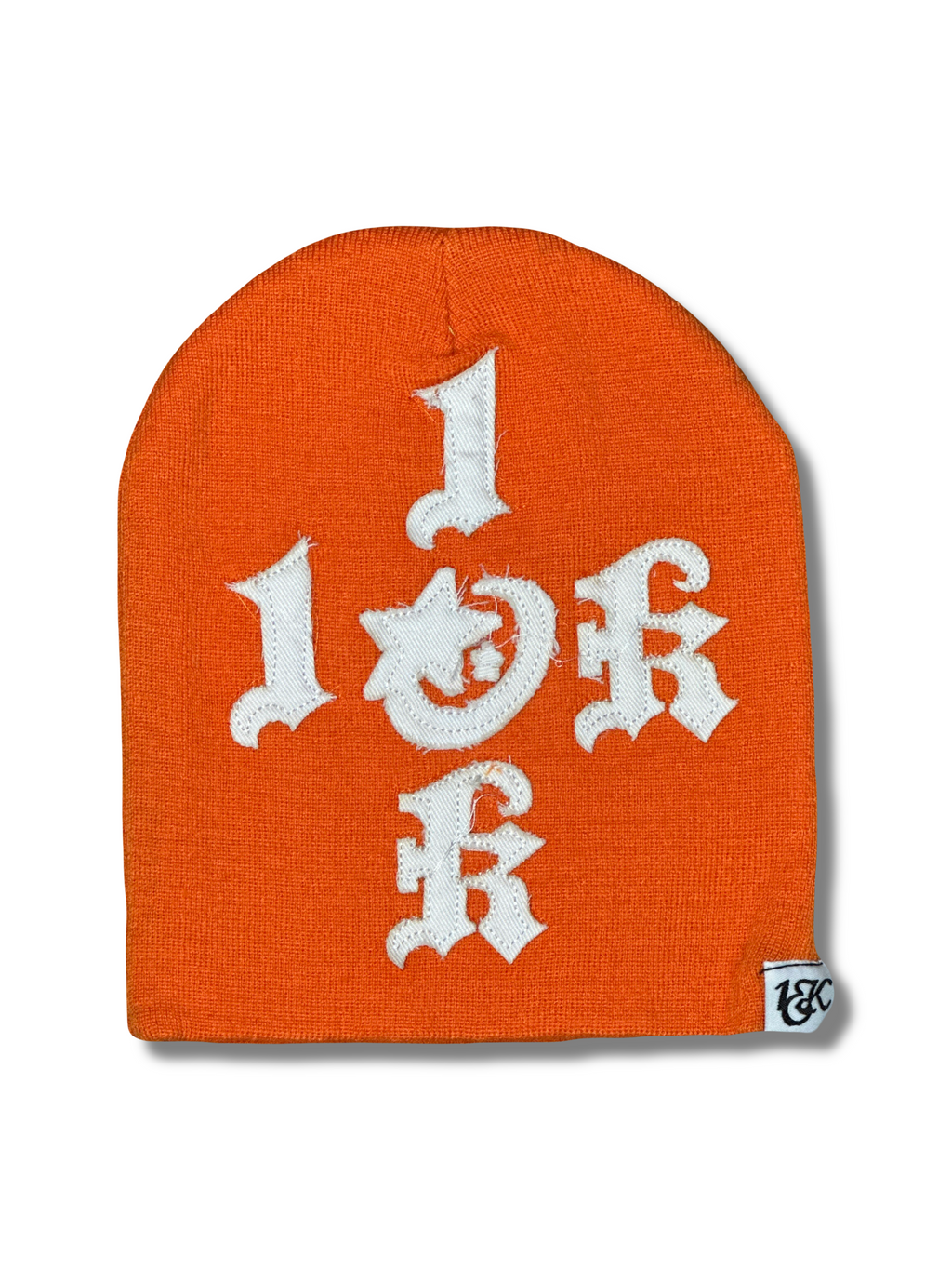 "1OK" Distressed Beanie (Orange/White)