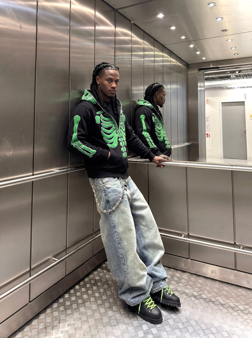 “1OK” Skeleton Full-Zip Hoodie (Black/Green)