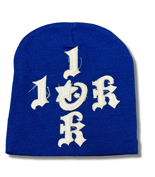"1OK" Distressed Beanie (Blue/White)