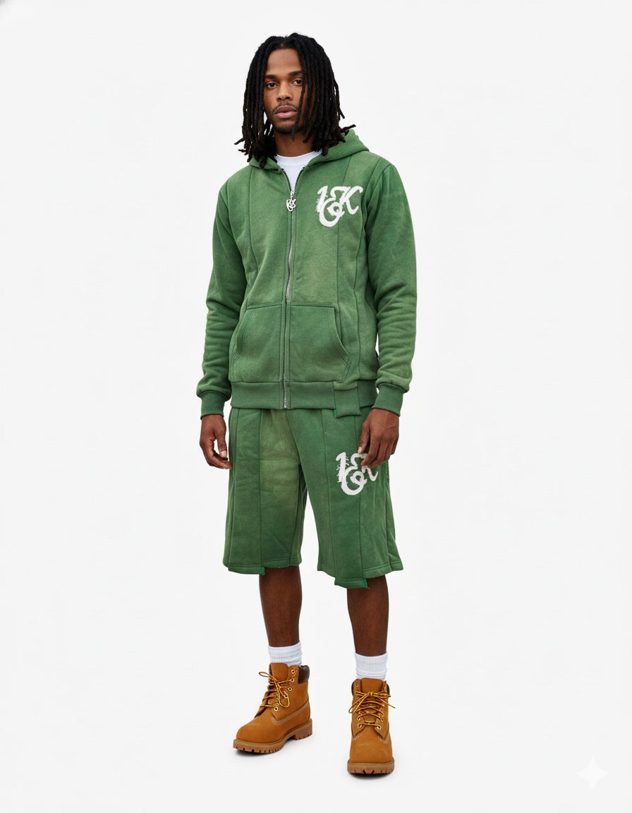 “1OK” Acid Wash Green Uniform Panel Hoodie