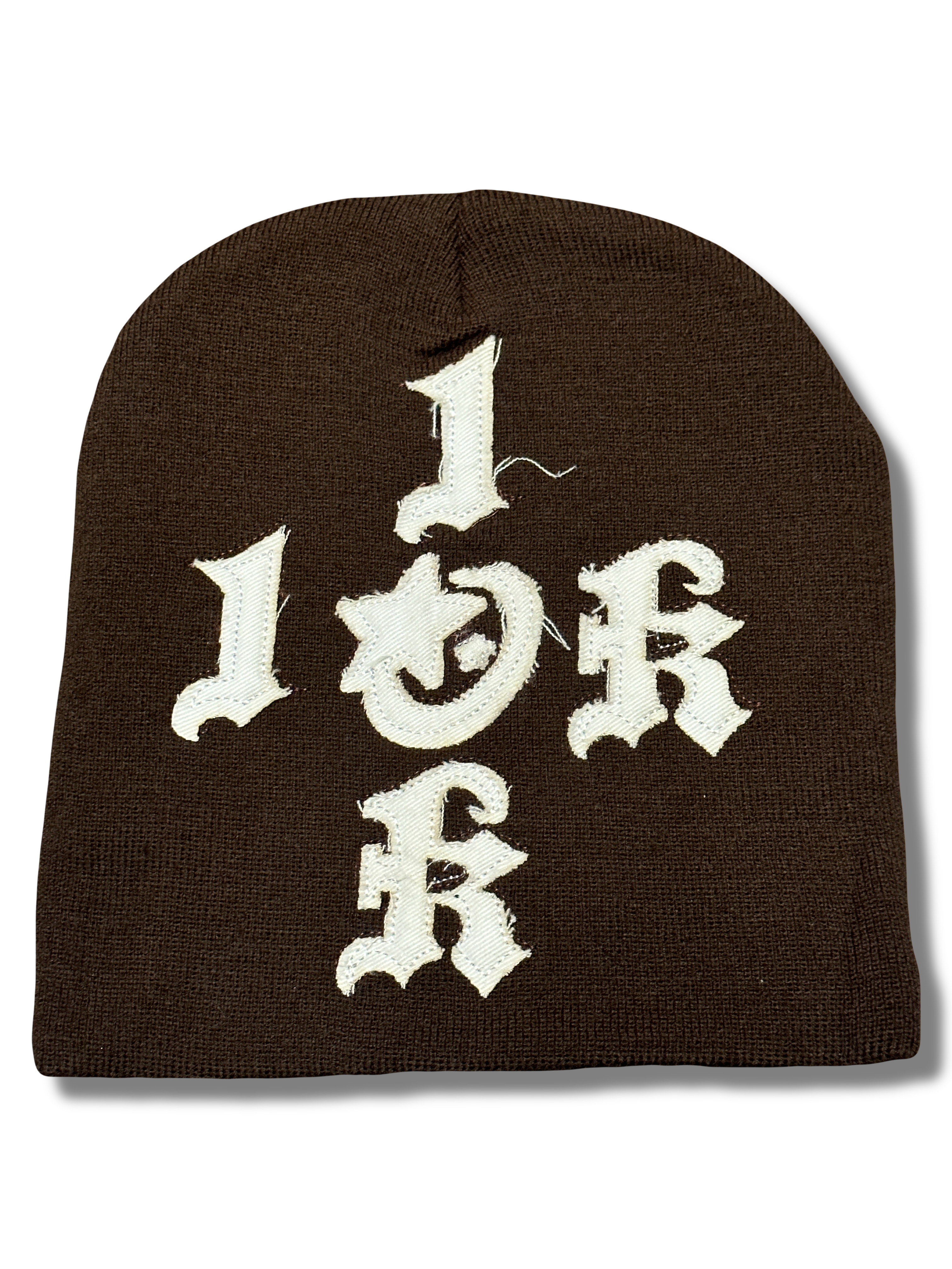 "1OK" Distressed Beanie (Brown/White)