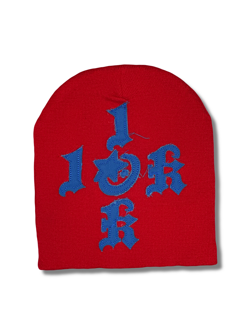 "1OK" Distressed Beanie (Red/Blue)