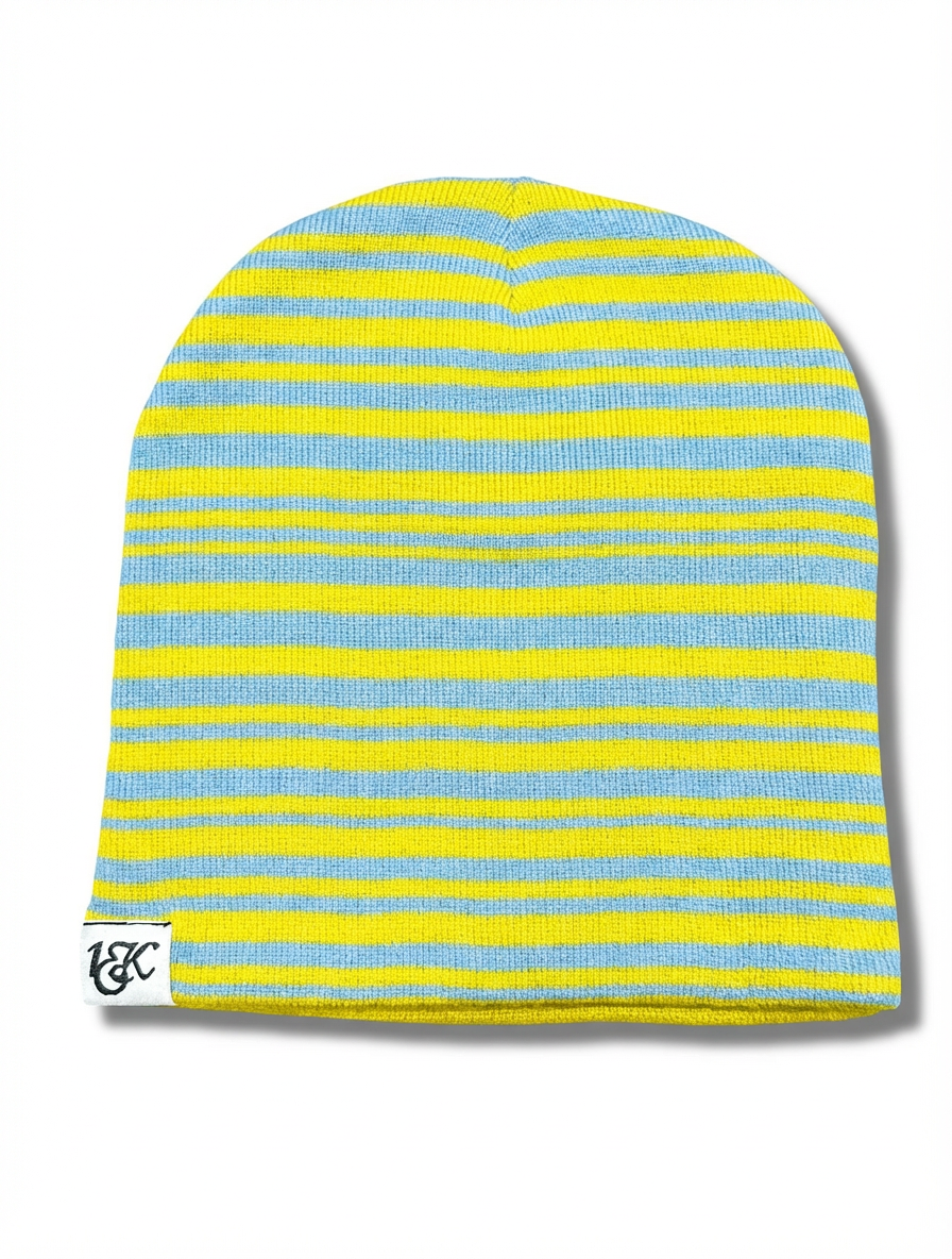 "1OK" Distressed Pinstripes Beanie (Teal/Yellow)