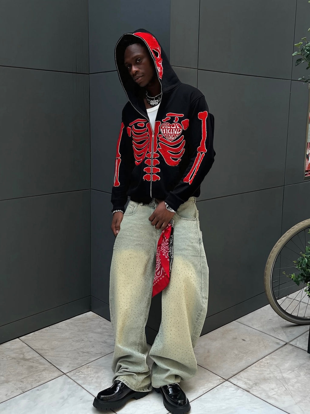 “1OK” Skeleton Full-Zip Hoodie (Black/Red)