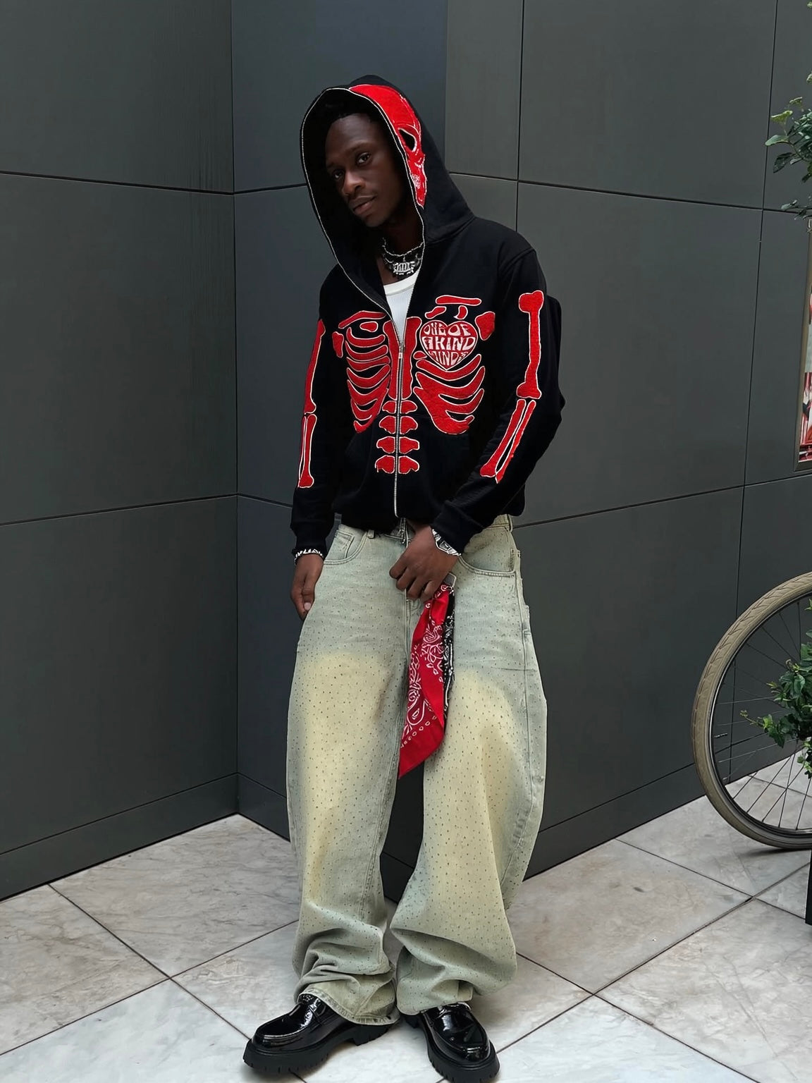 “1OK” Skeleton Full-Zip Hoodie (Black/Red)