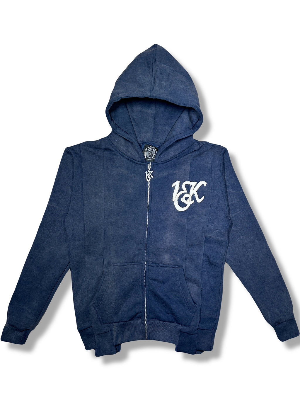 “1OK” Acid Wash Navy Blue Uniform Panel Hoodie