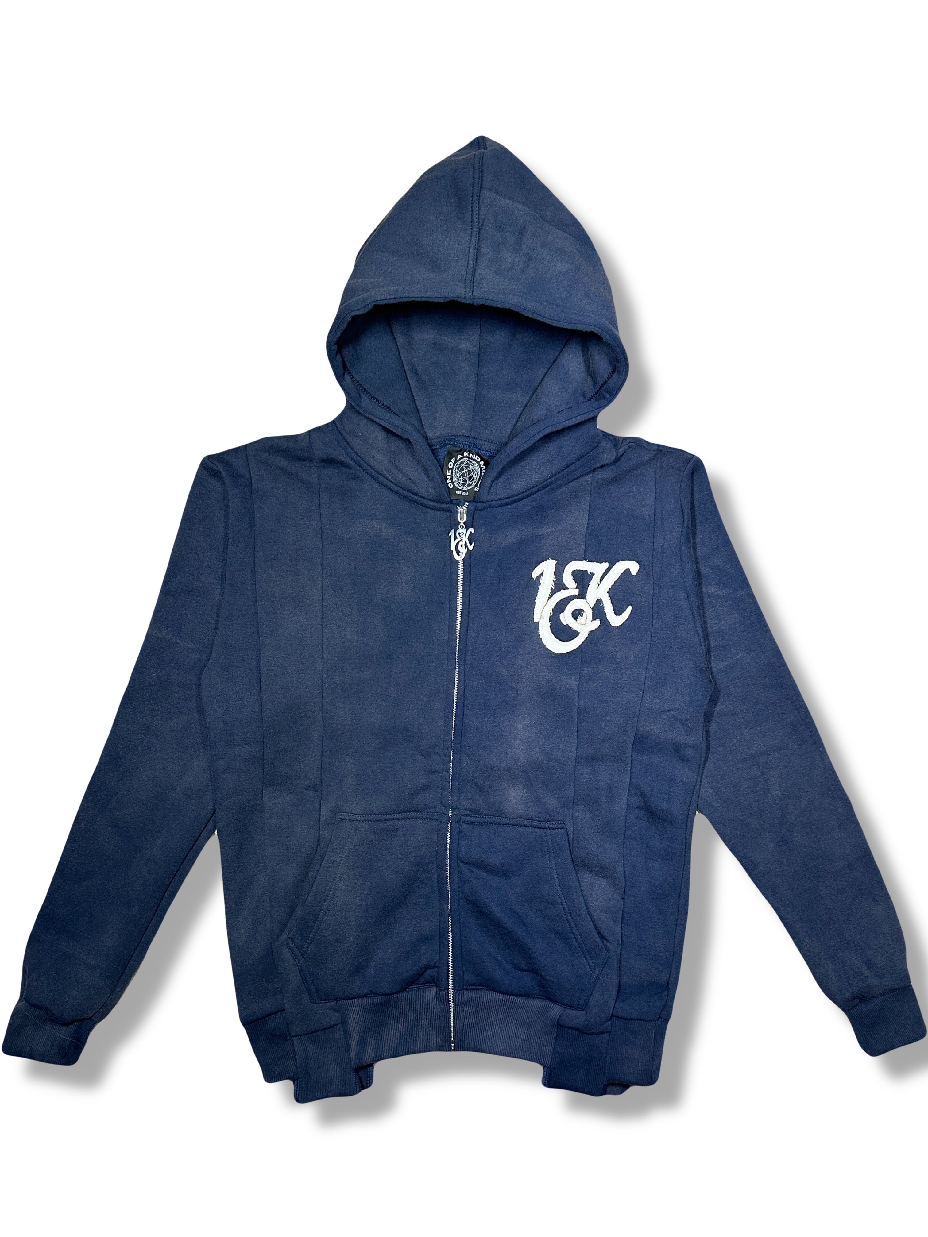 “1OK” Acid Wash Navy Blue Uniform Panel Hoodie