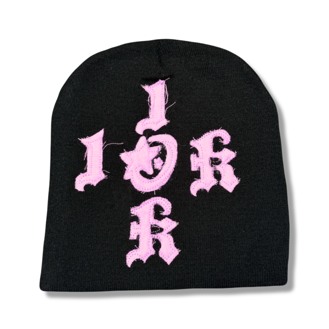 "1OK" Distressed Beanie (Black/Pink)