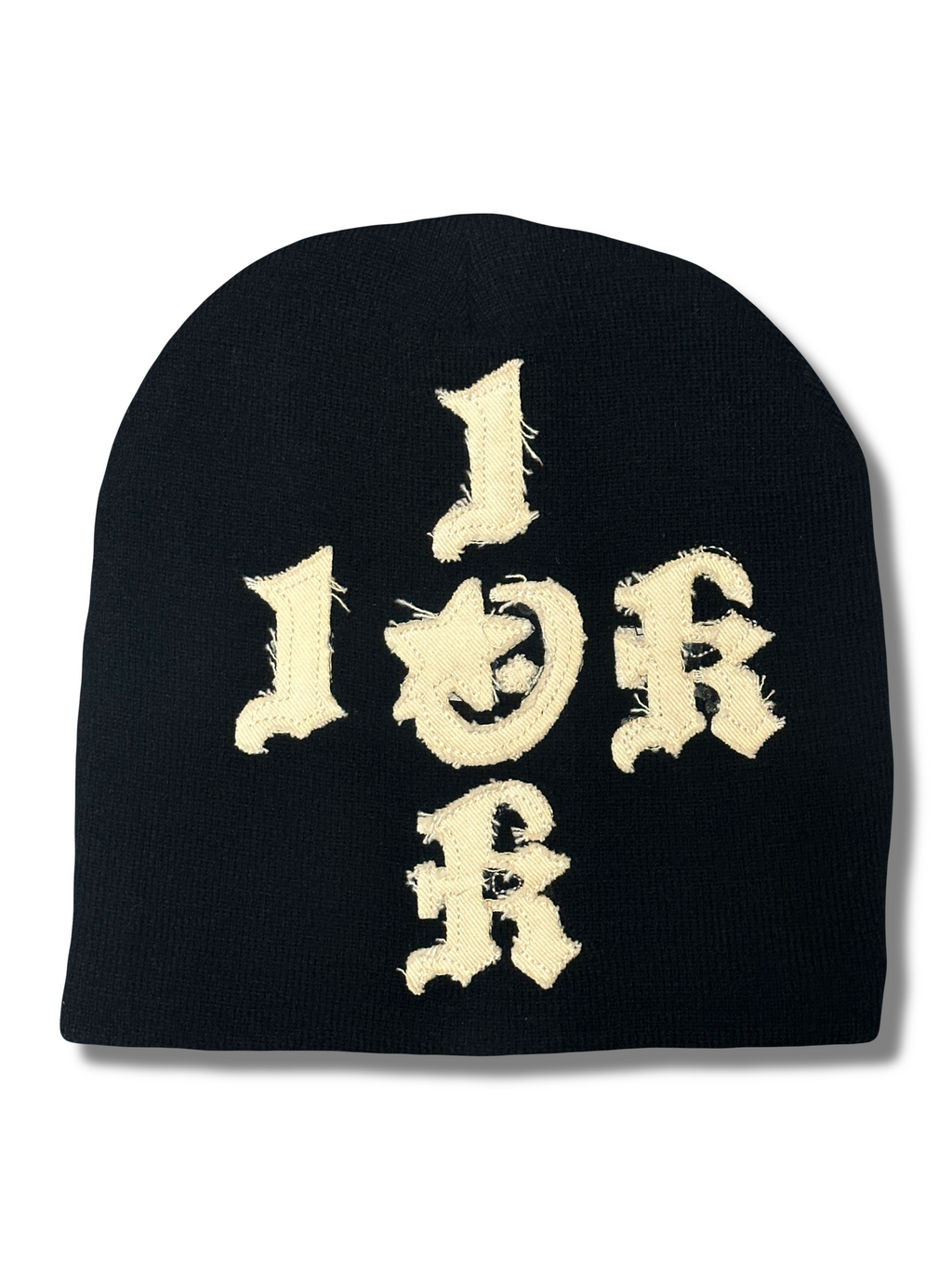 "1OK" Distressed Beanie (Black/Cream)