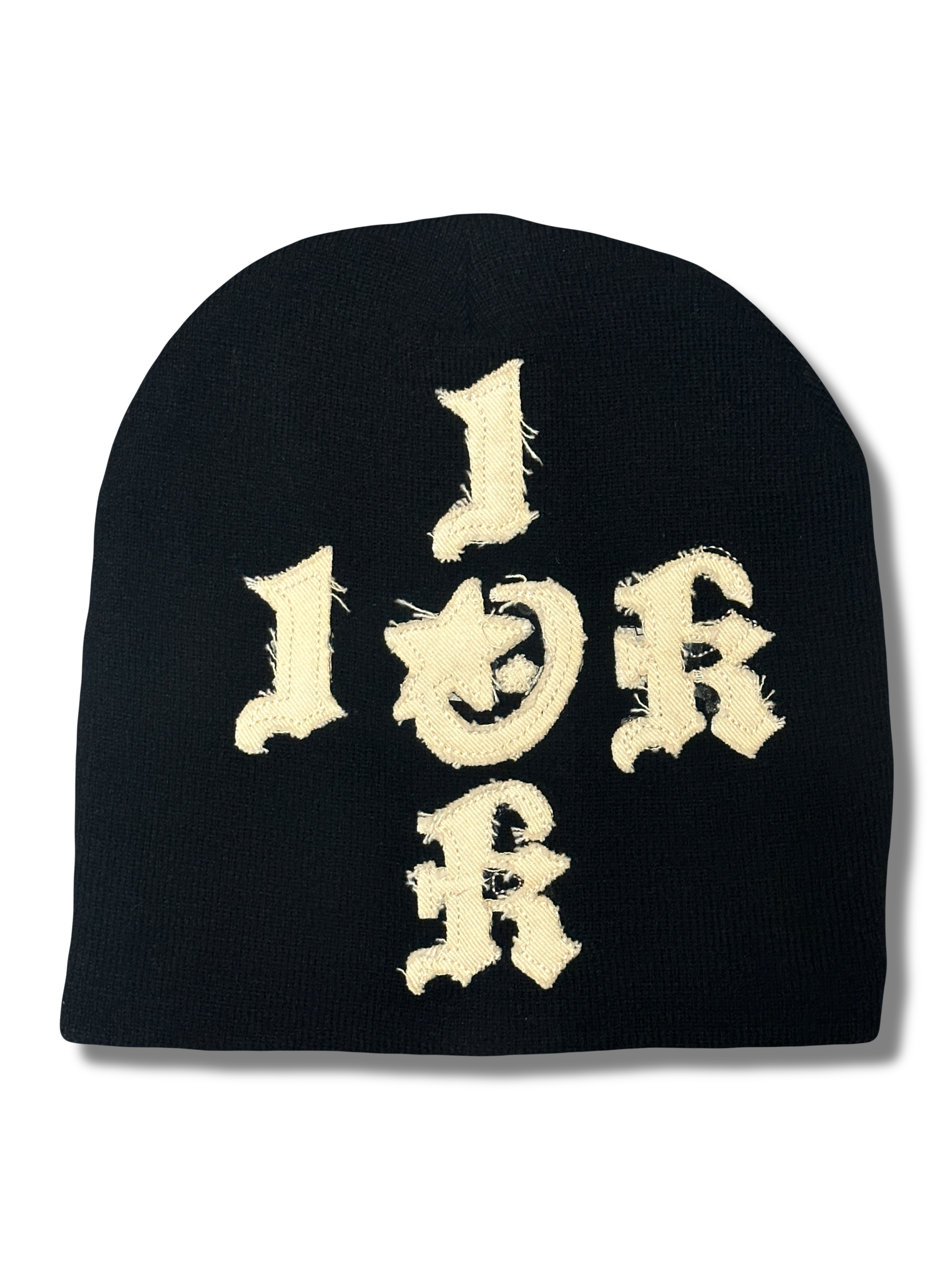 "1OK" Distressed Beanie (Black/Cream)