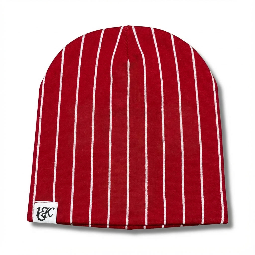 "1OK" Distressed Pinstripes Beanie (Red/White)