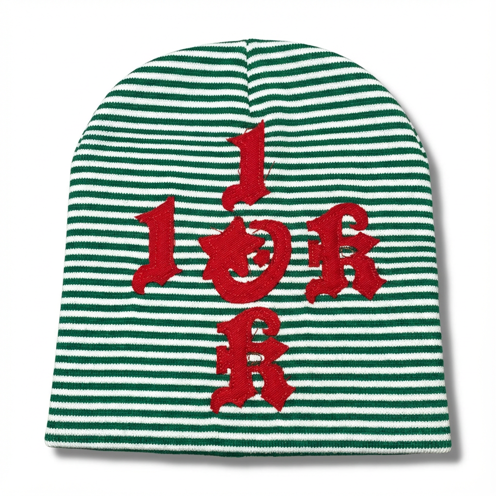 "1OK" Distressed Pinstripes Beanie (Green/White)
