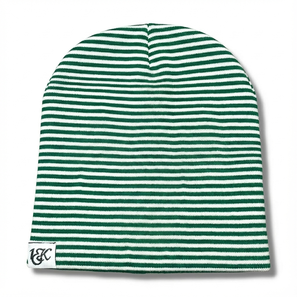 "1OK" Distressed Pinstripes Beanie (Green/White)
