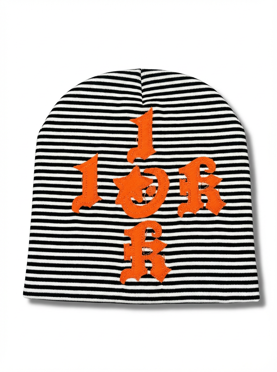 "1OK" Distressed Pinstripes Beanie (Black/White)