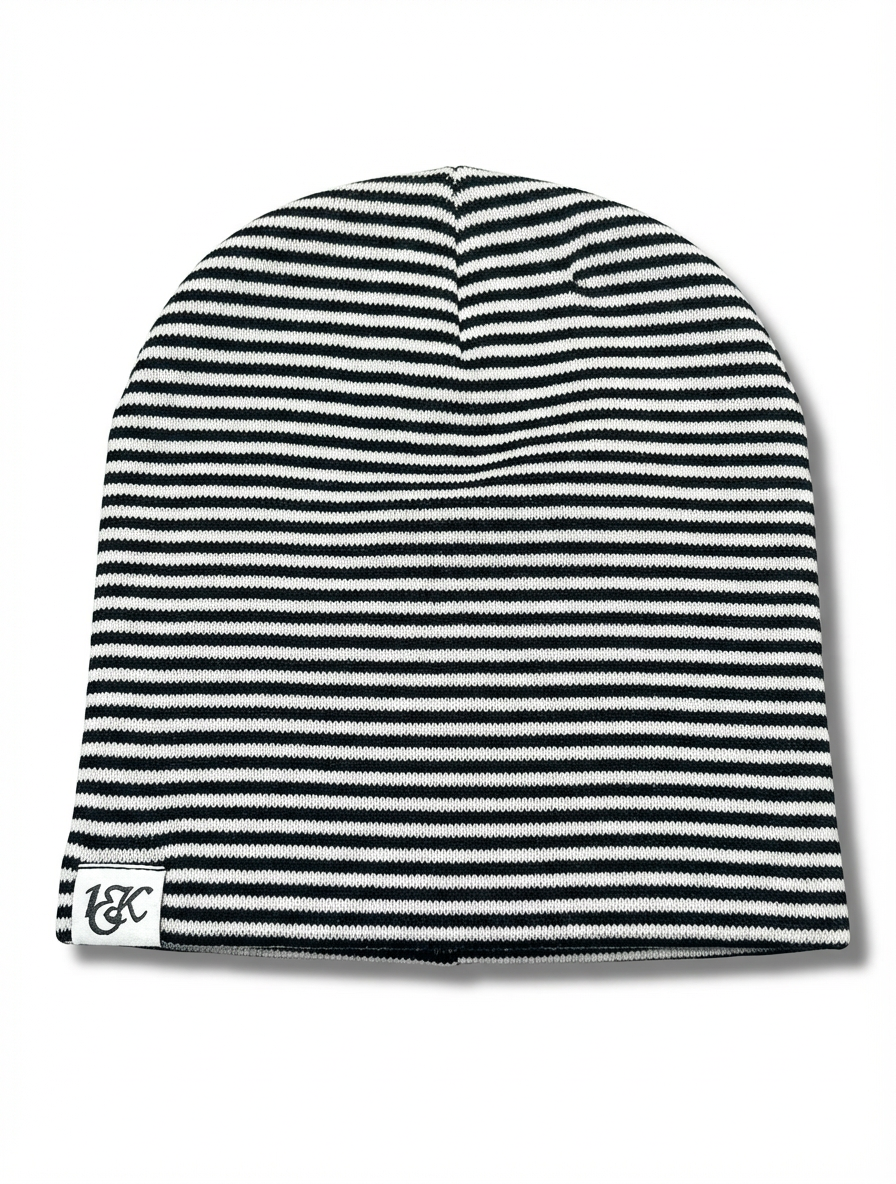 "1OK" Distressed Pinstripes Beanie (Black/White)