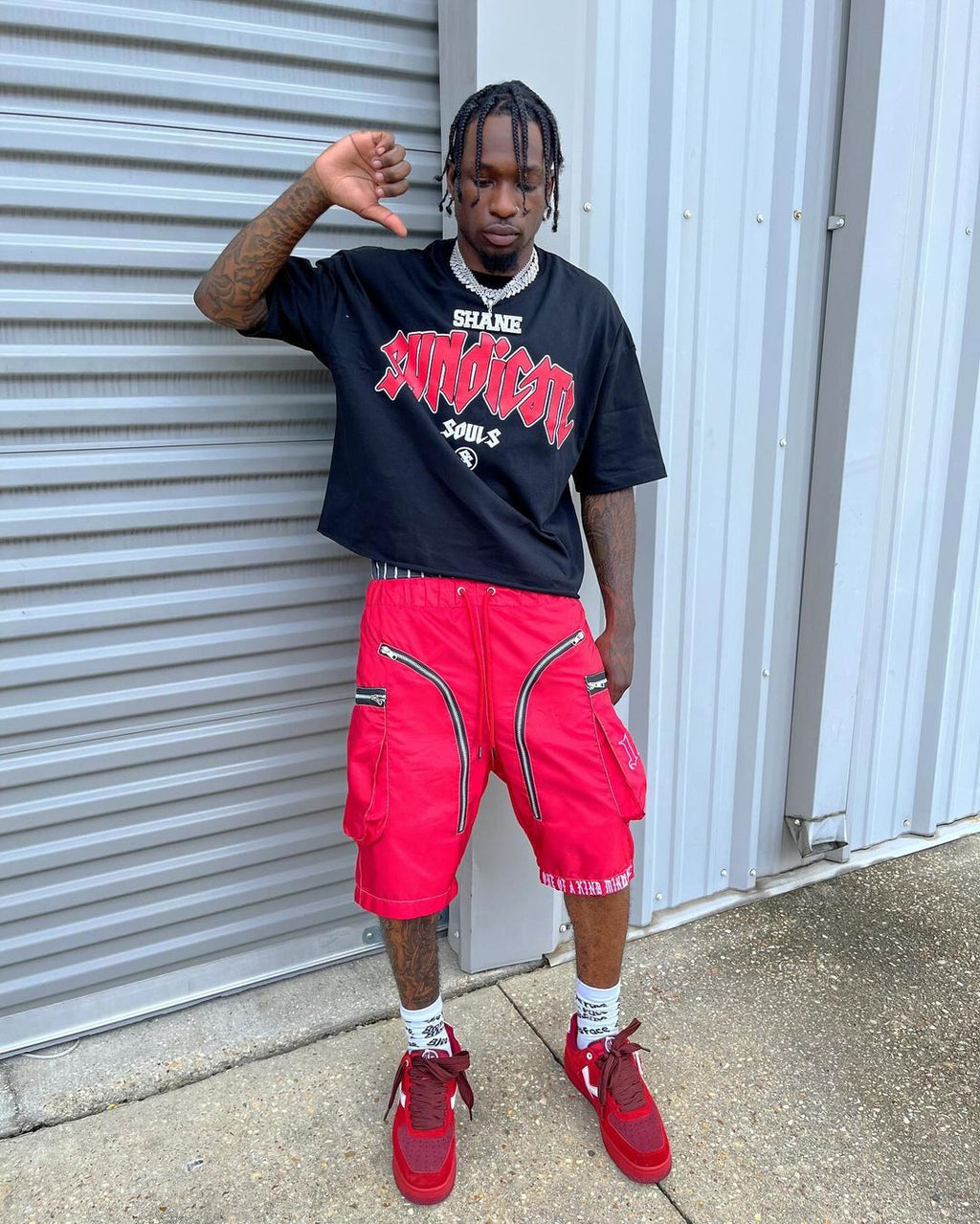 “1OK” Nylon Zipper Shorts (Red/White)