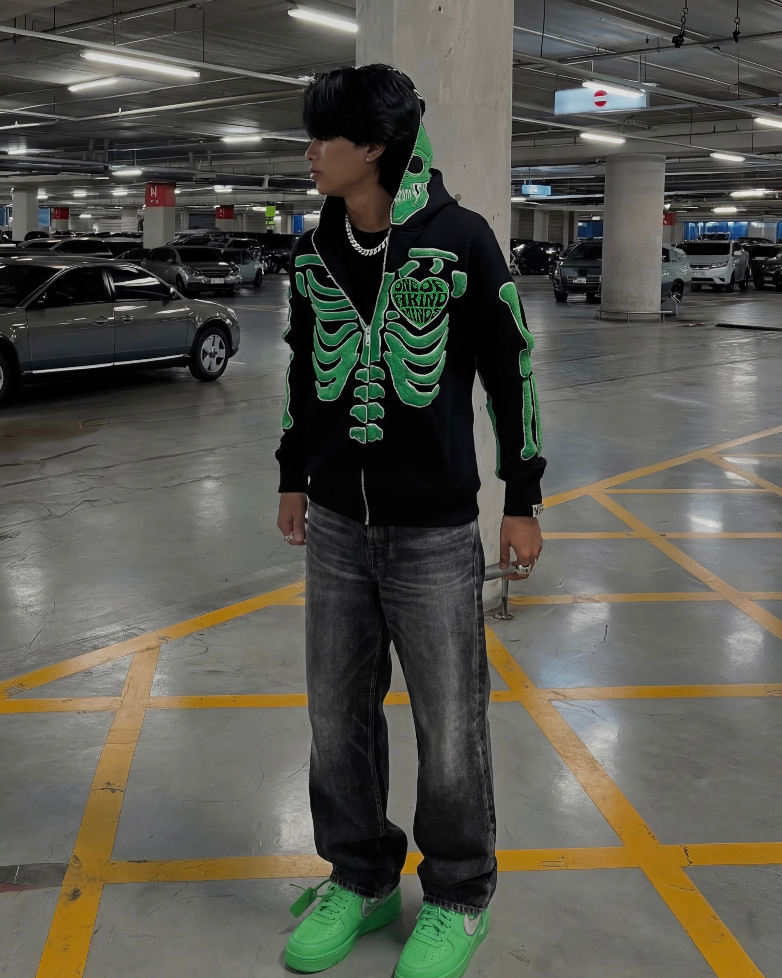 1OK” Skeleton Full-Zip Hoodie (Black/Green) – One Of A Kind Minds