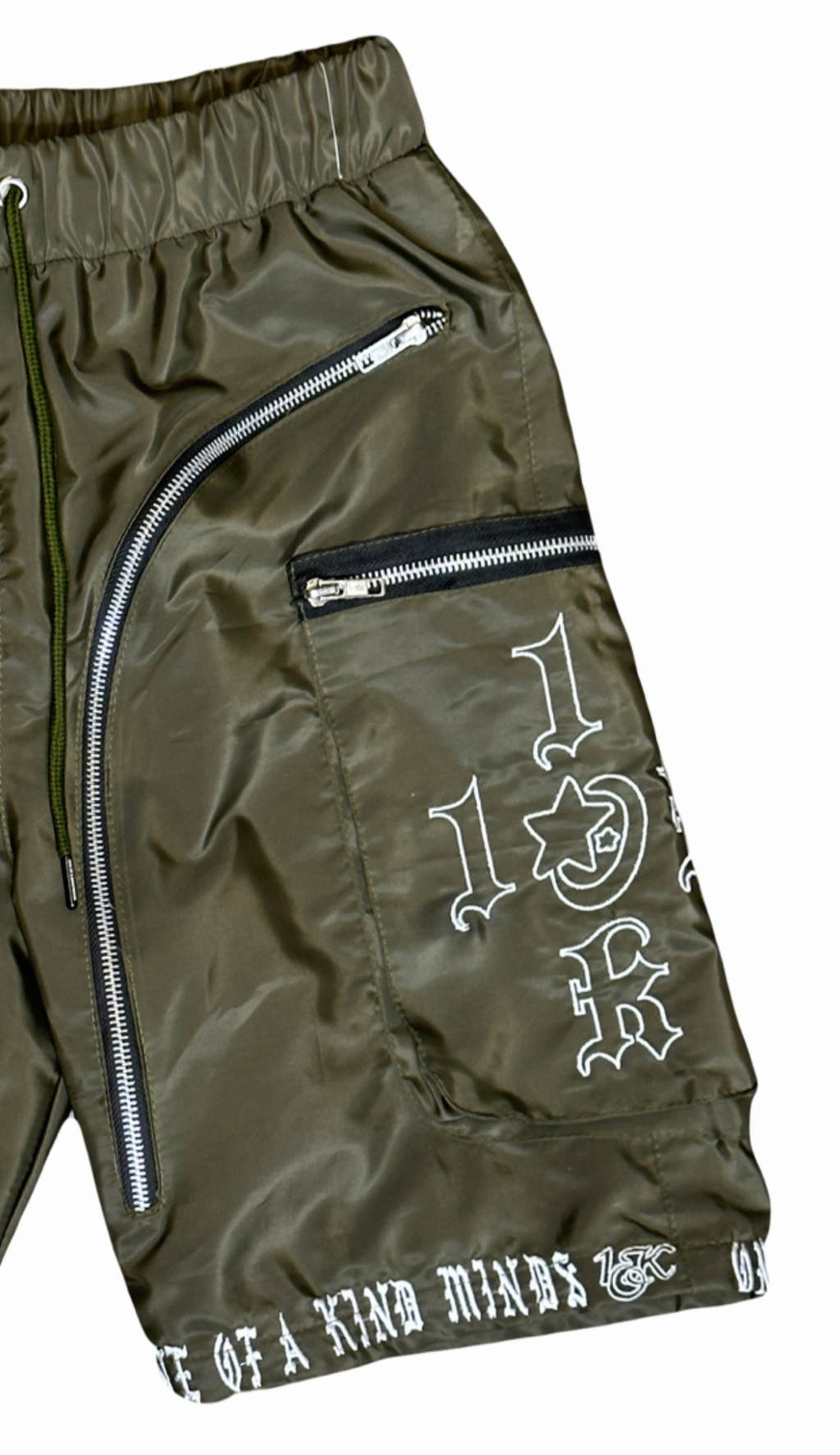 “1OK” Nylon Zipper Shorts (Olive Green/White)