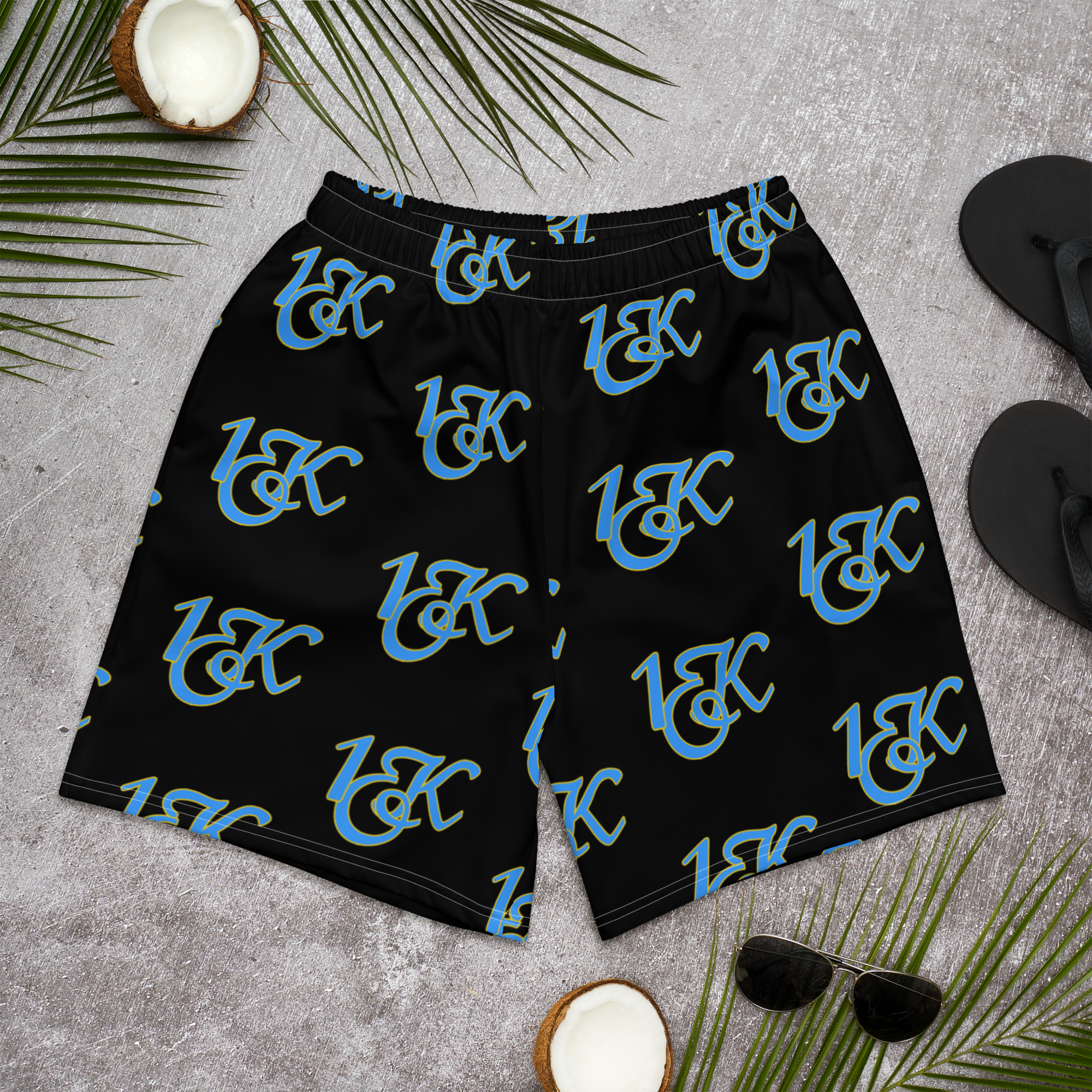 "1OK" Print Athletic Long Shorts (Black/Turquoise/Yellow)